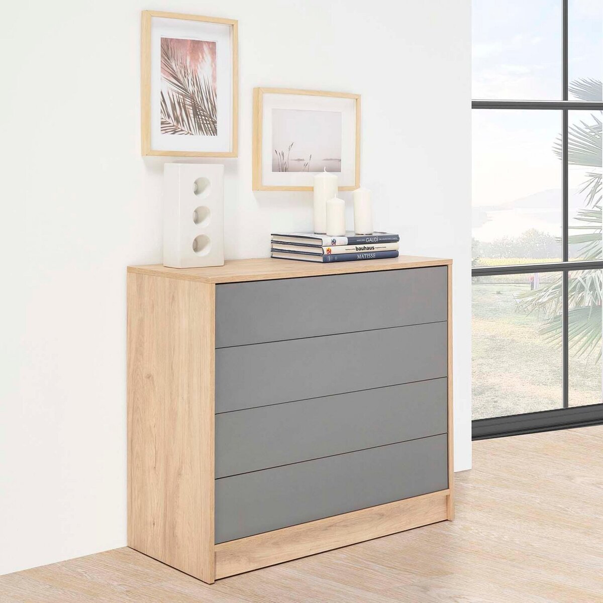 VS VENTA-STOCK Commode de Nuit Panama 4 tiroirs, Couleur Bois et Gris, 80 cm Largeur
