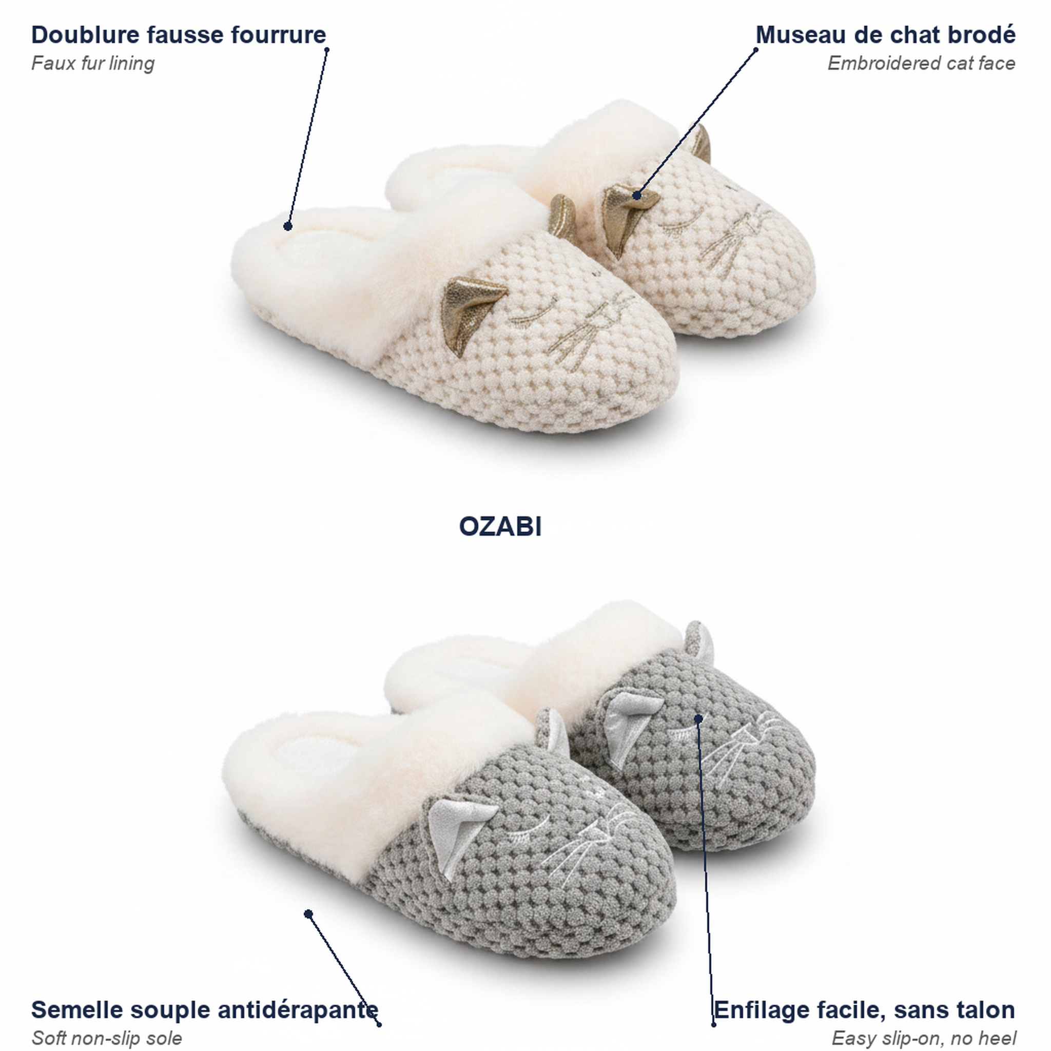 Voir la diapositive 5 : OZABI Ozabi pack 2 paires mules femme motif chat doublure fausse fourrure