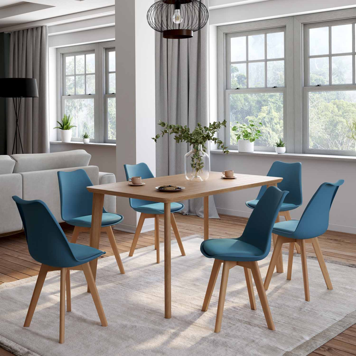 ID MARKET Lot de 6 chaises scandinaves SARA bleu canard pour salle à manger