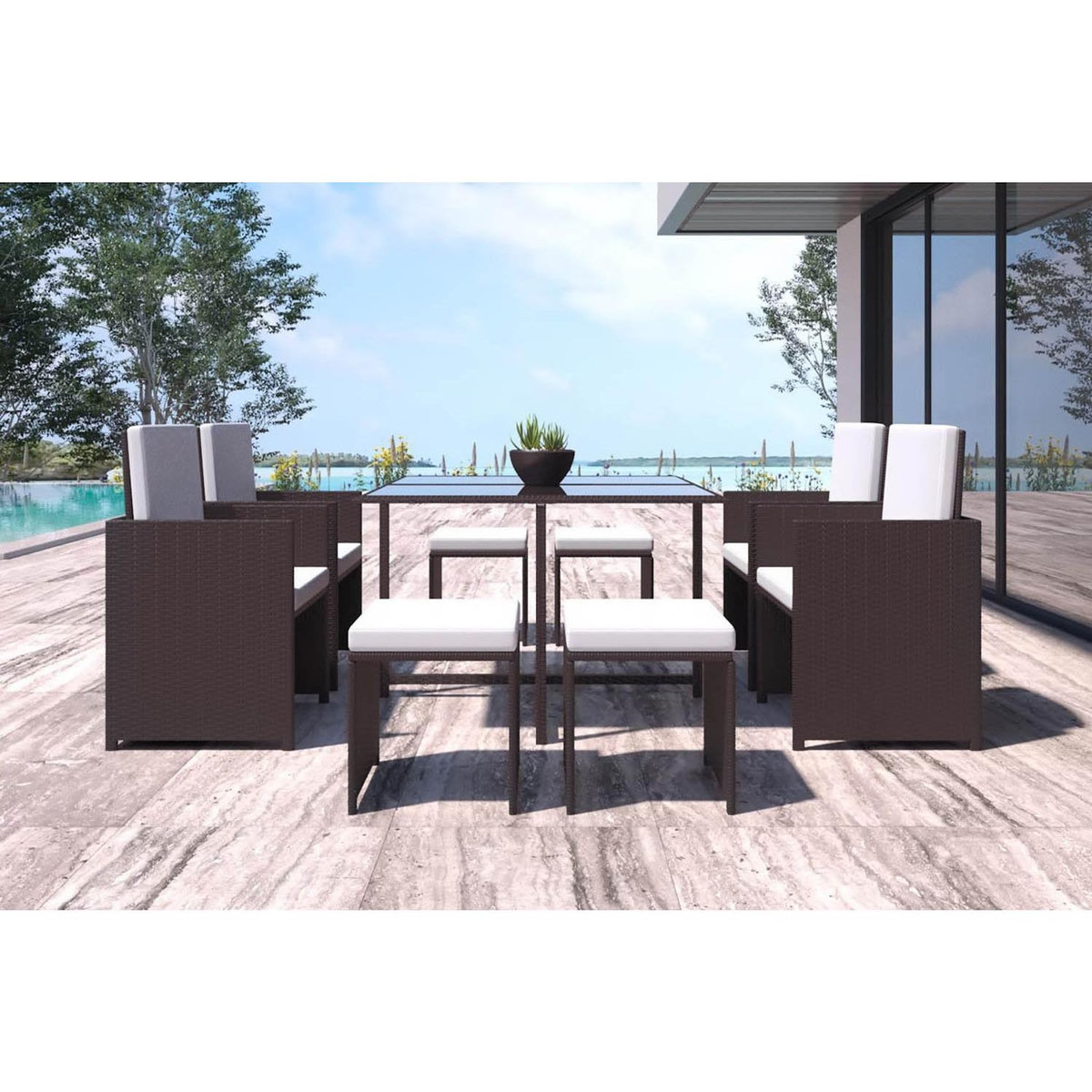 CONCEPT USINE Salon de jardin encastrable Marron-Blanc 8 places FLORIDA