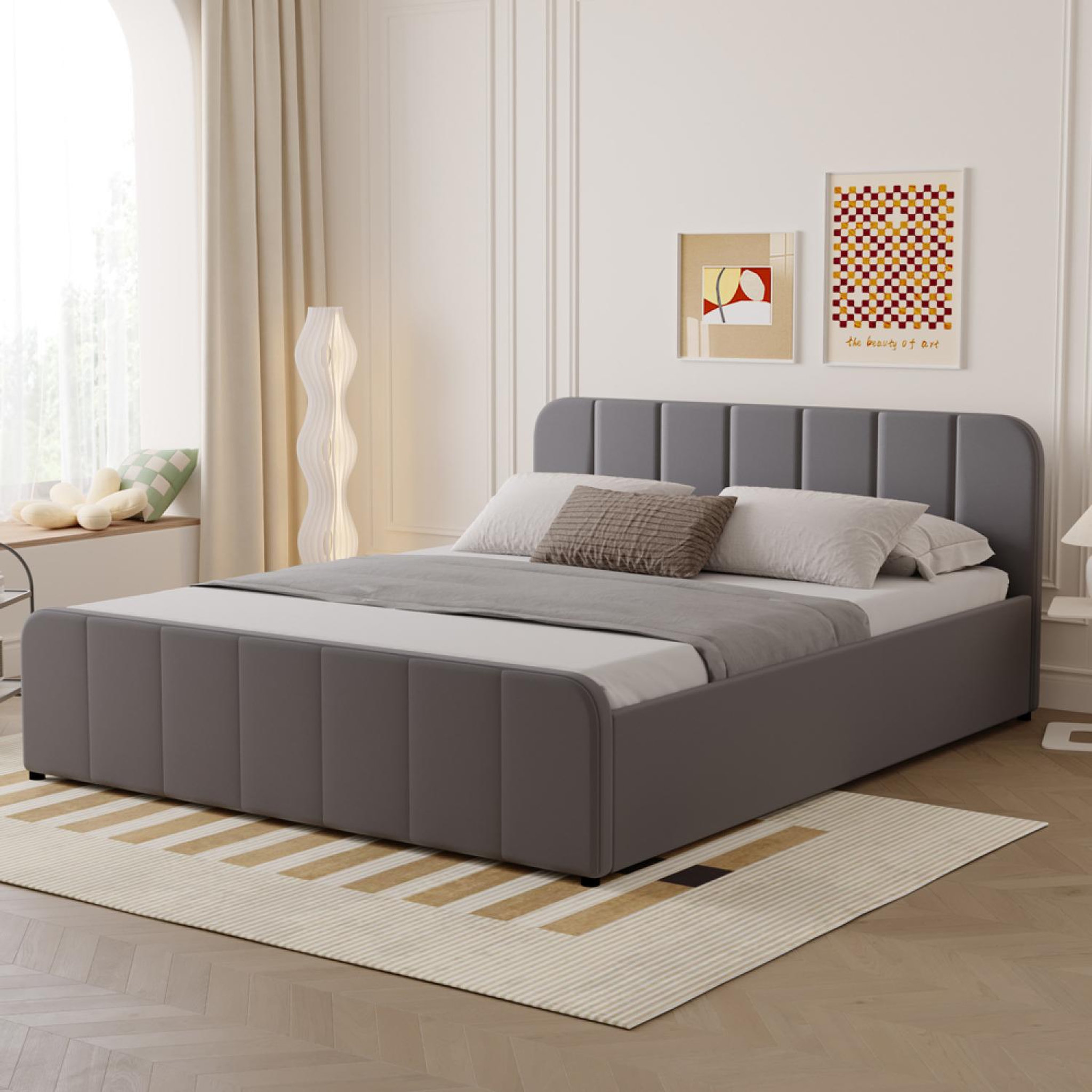 Voir la diapositive 4 : CONCEPT USINE Lit coffre 140x190cm en velours gris tampa