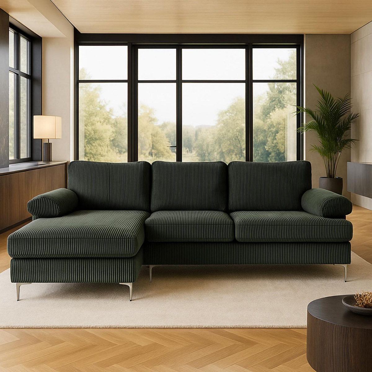 CONCEPT USINE Canapé d'angle 4-5 places méridienne gauche velours côtelé vert GALWAY