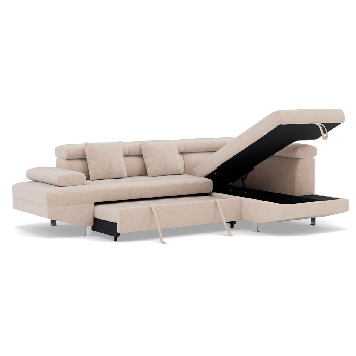 BEST MOBILIER Margaux - canapé d'angle droit 5 places convertible avec coffre et têtières réglables en velours texturé