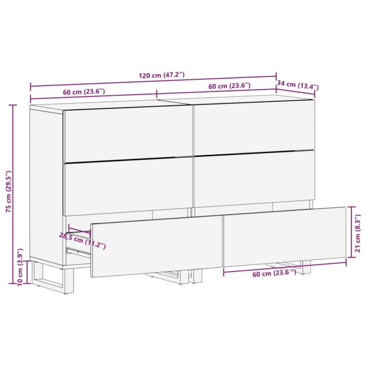 VIDAXL Buffets 2 pcs 60x34x75 cm bois massif de manguier