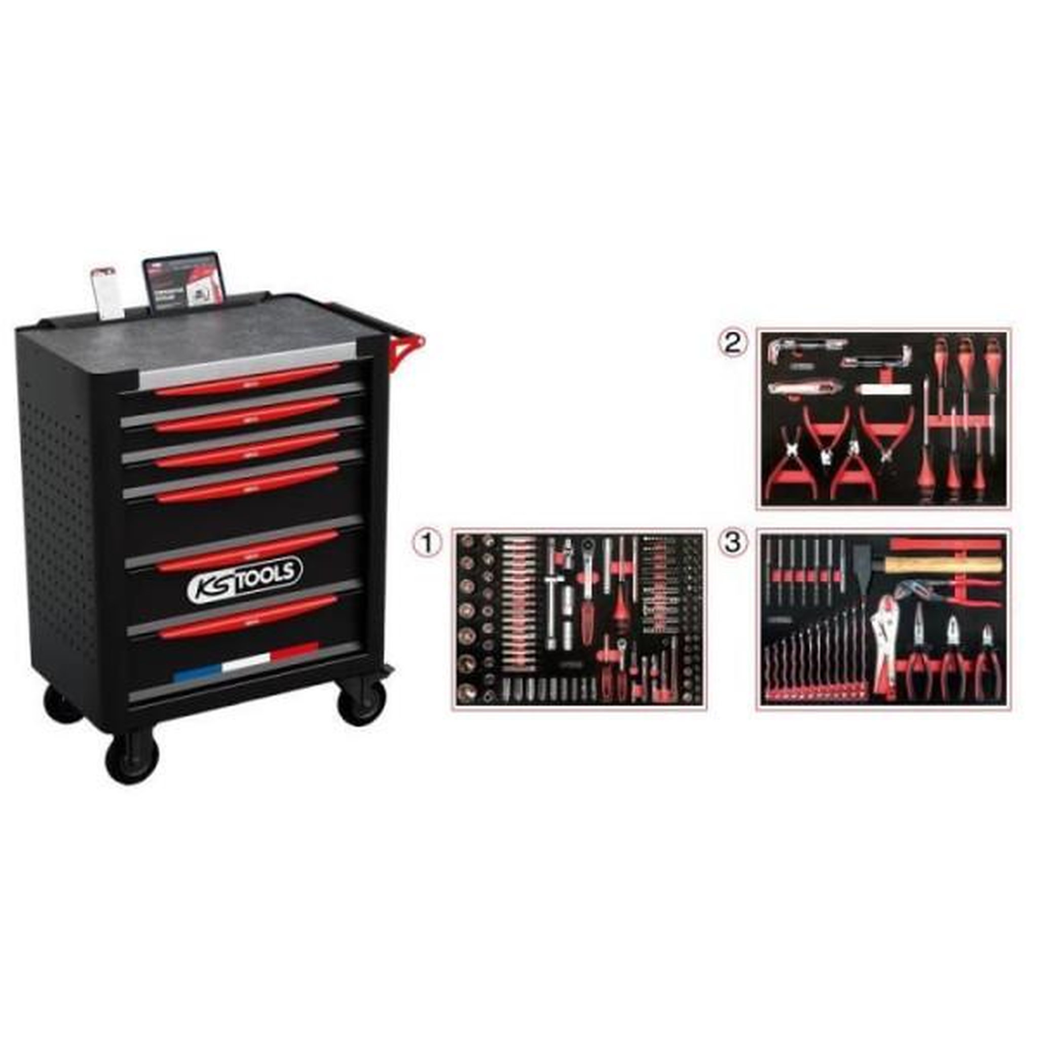 Voir la diapositive 4 : KS TOOLS Servante d'atelier - equipée - 6 tiroirs - ks tools - 824.6134f - noir - 264 outils - fabriquée en france