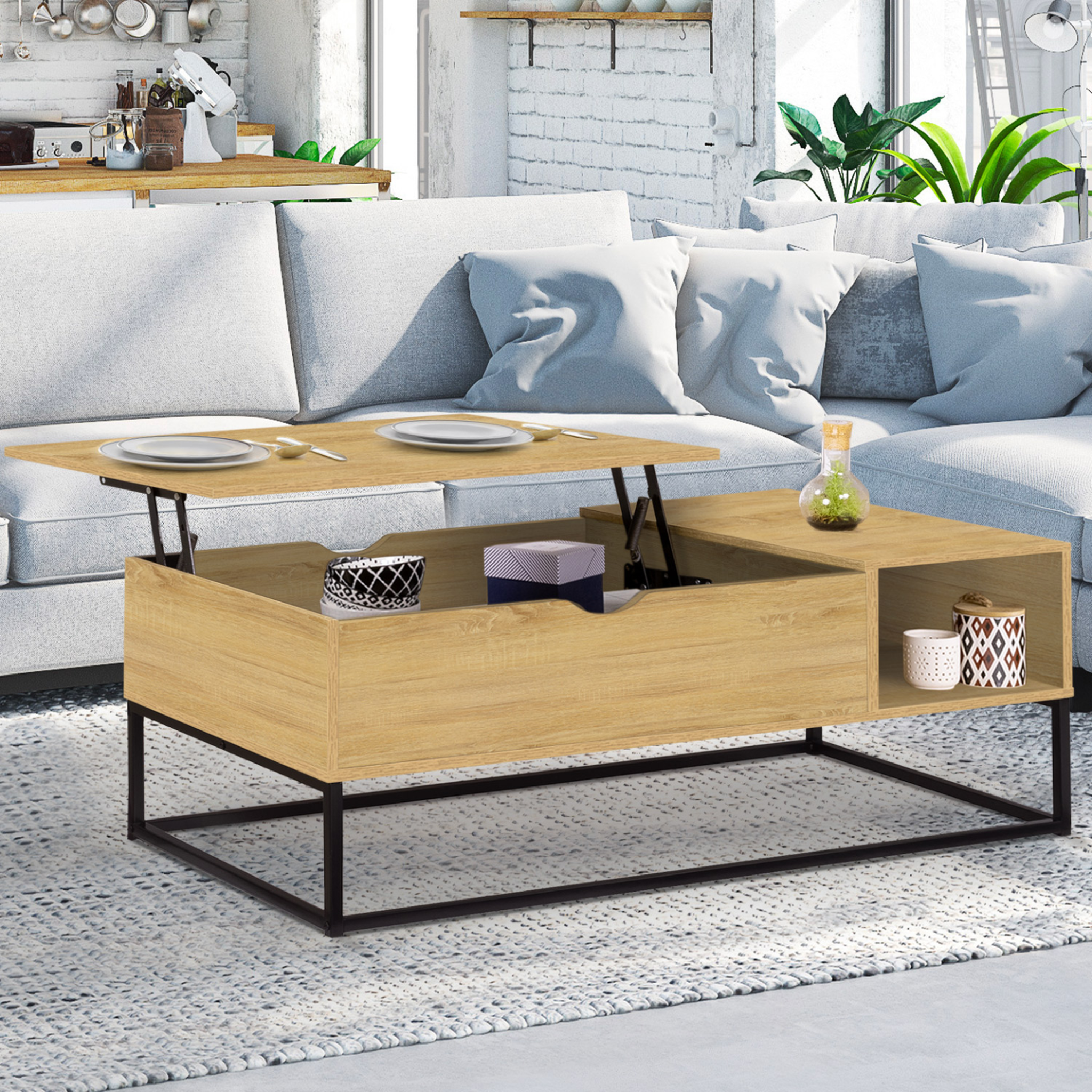 Voir la diapositive 2 : ID MARKET Table basse plateau relevable rectangulaire detroit avec rangements design industriel