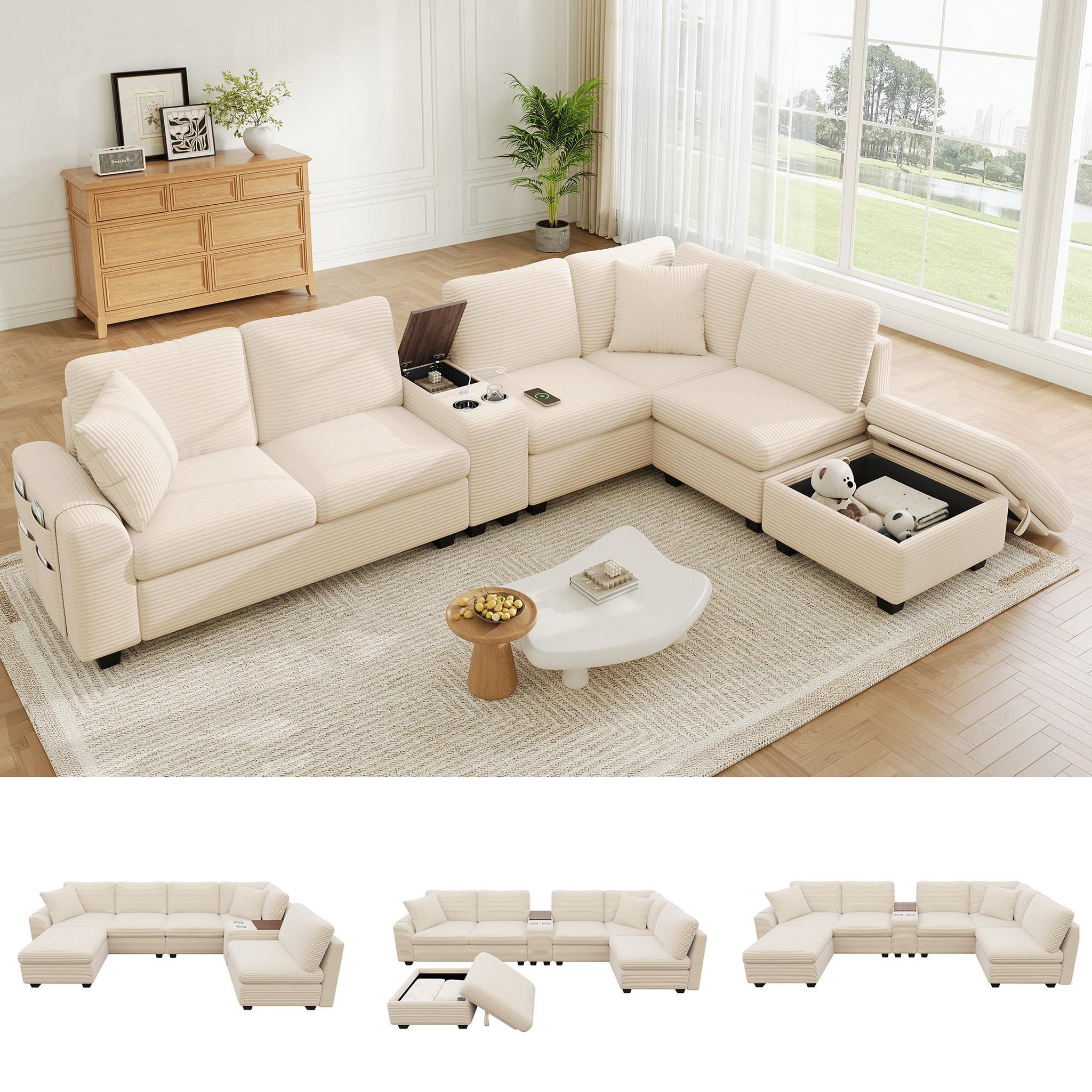 Voir la diapositive 5 : MERAX Canapé d'angle modulable u/l 6 places avec console usb tissu côtelé
