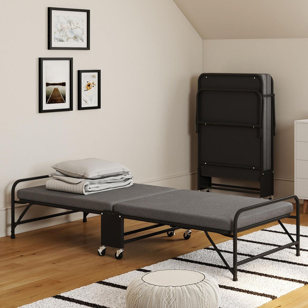 ID MARKET Lit d'appoint pliant 1 personne en métal ZAK avec sommier et matelas 70x190 cm gris et noir