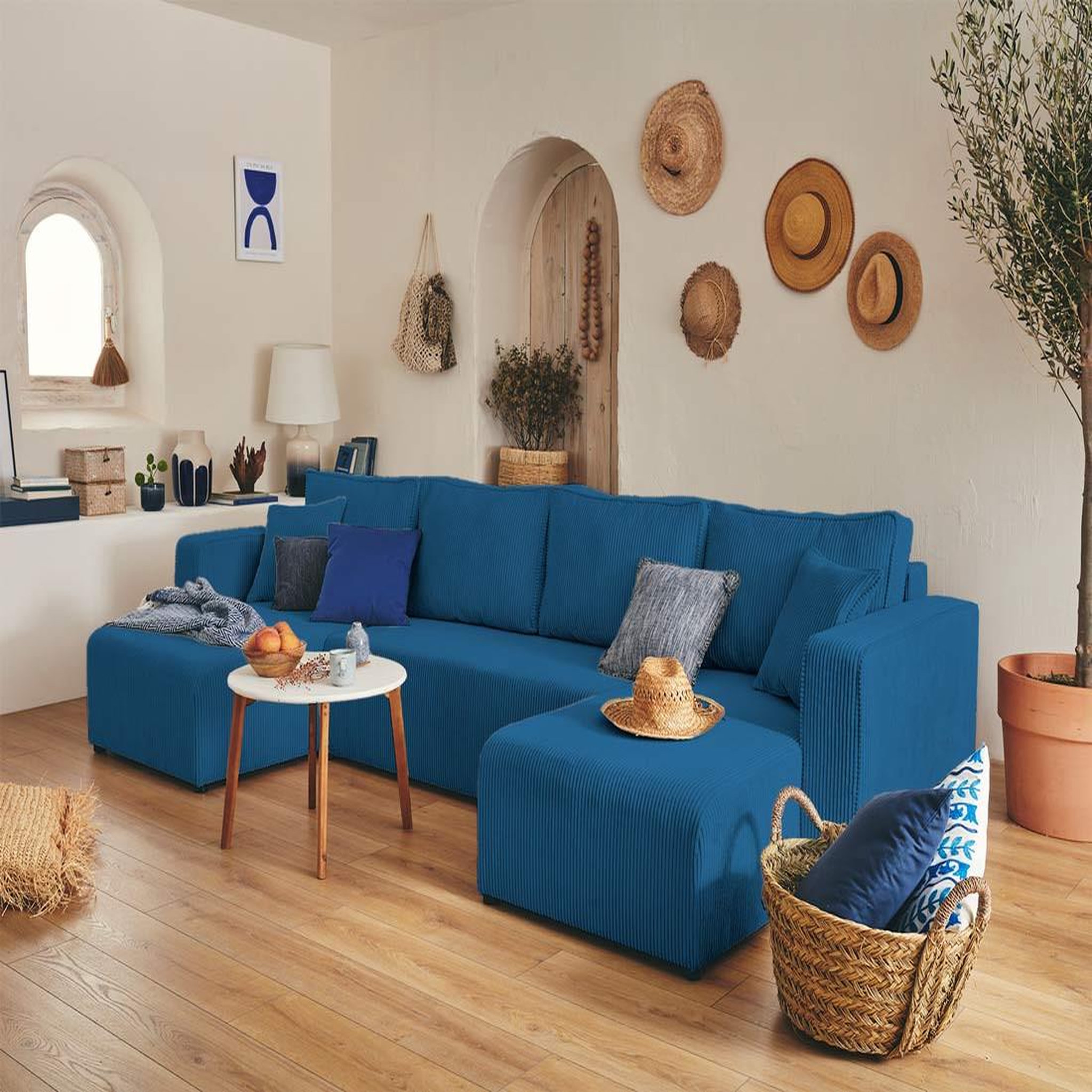 Voir la diapositive 6 : BEST MOBILIER Topaze - canapé panoramique en u - 7 places - convertible avec coffre - en velours côtelé