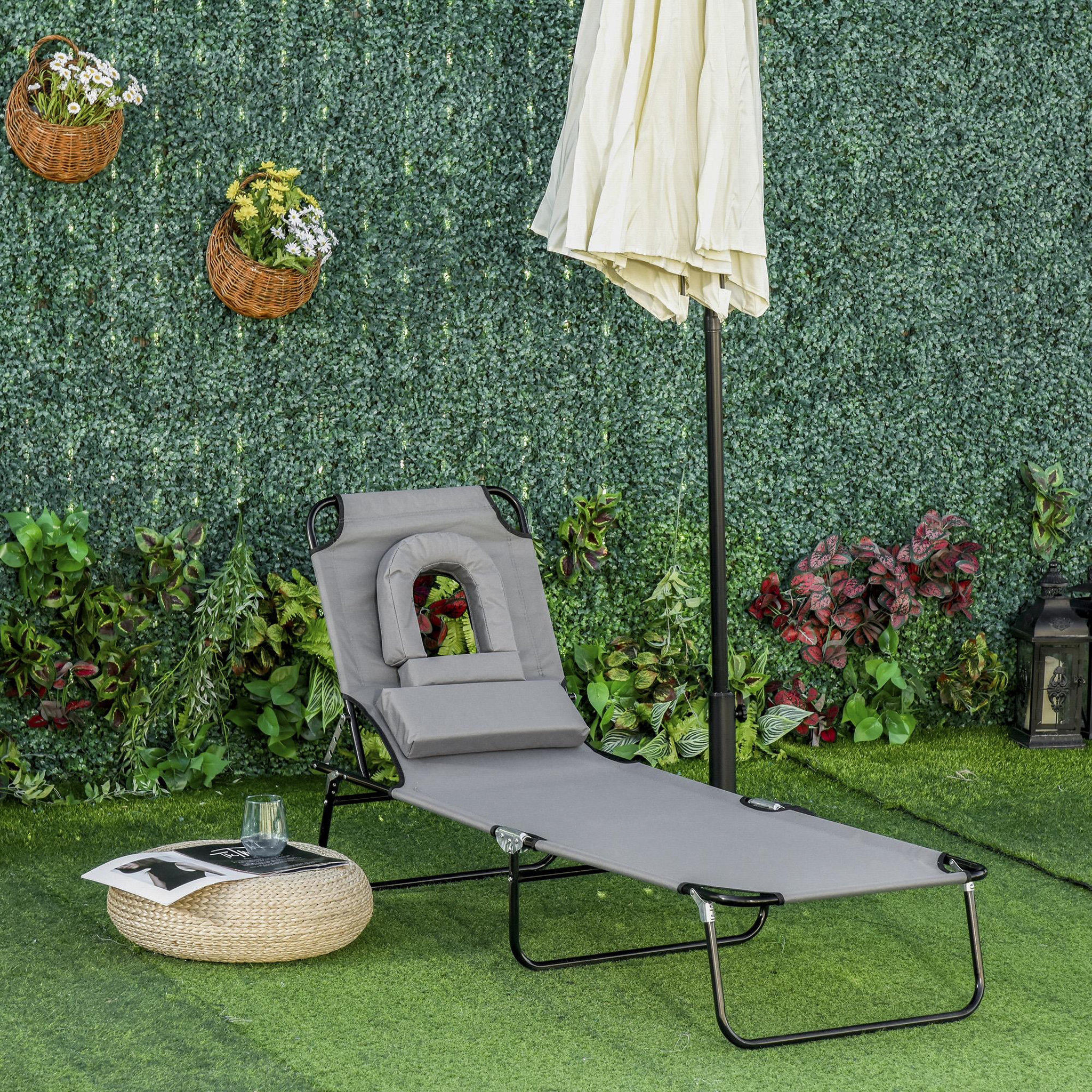 Voir la diapositive 2 : OUTSUNNY Bain de soleil pliable transat inclinable 4 positions chaise longue de lecture 3 coussins fournis gris