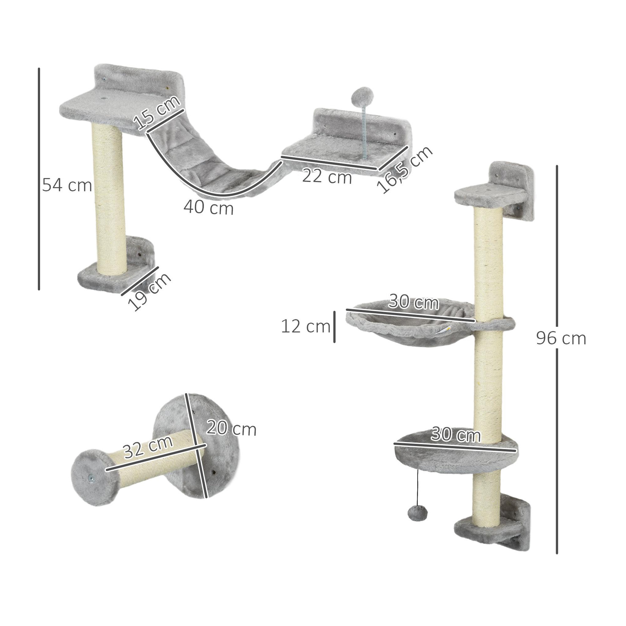 Voir la diapositive 3 : PAWHUT Mur d'escalade pour chat - arbre à chat design mural - griffoirs, plateformes, panier, hamac, jeux boules - gris