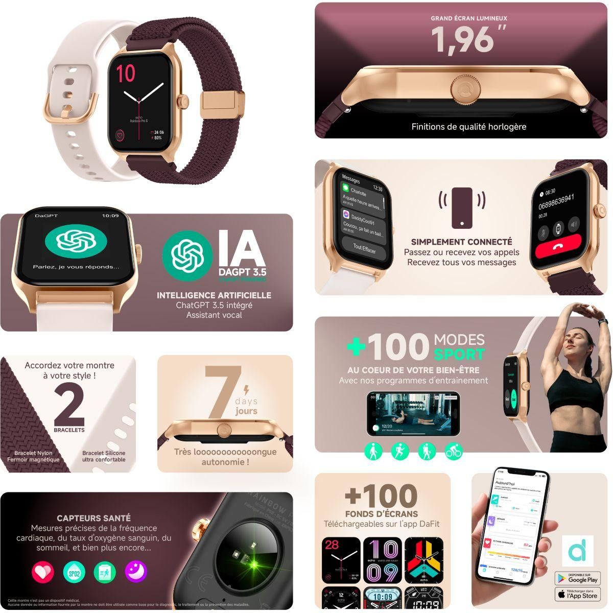 Echo Montre connectée Rainbow ProS OrRose Silicone+BordeauNylo