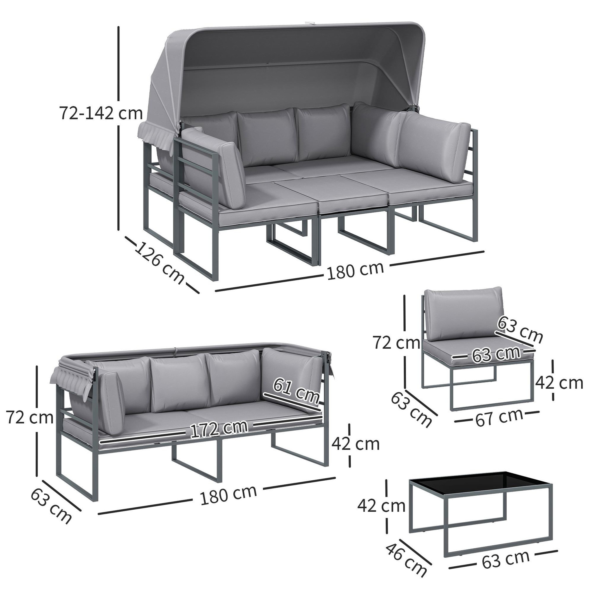 Voir la diapositive 3 : OUTSUNNY Salon de jardin 5 places 4 pièces - canapé avec auvent rétractable - coussins déhoussables gris