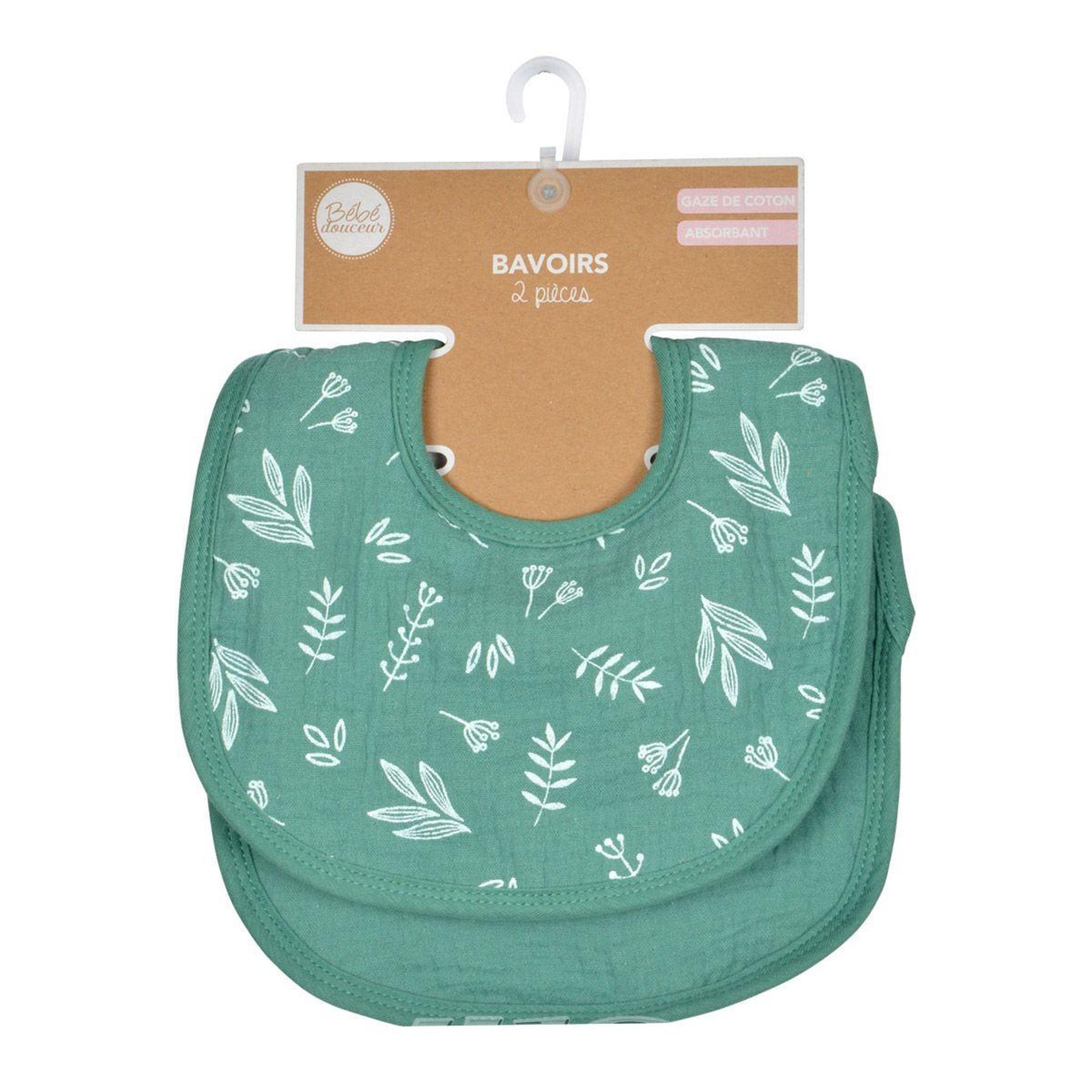Voir la diapositive 2 : BEBE DOUCEUR Lot de 2 bavoirs bébé  absorbant  27cm vert foncé