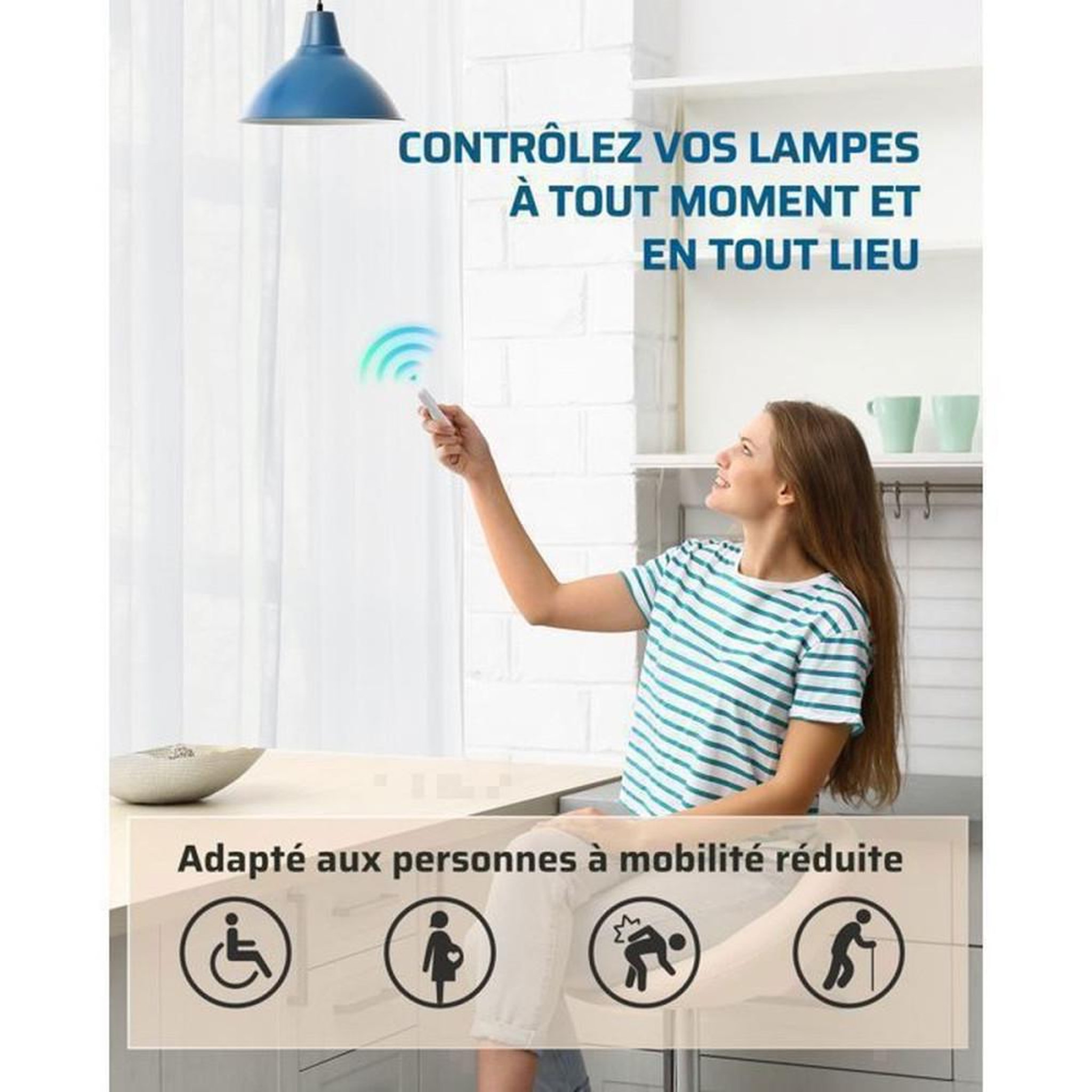 Voir la diapositive 6 : Kit interrupteur sans fil RF pour lampes 230 V 2300 W, 1 télécommande murale + 1 récepteur blanc, portée jusqu'à 30 m, fréquence 433,92 MHz