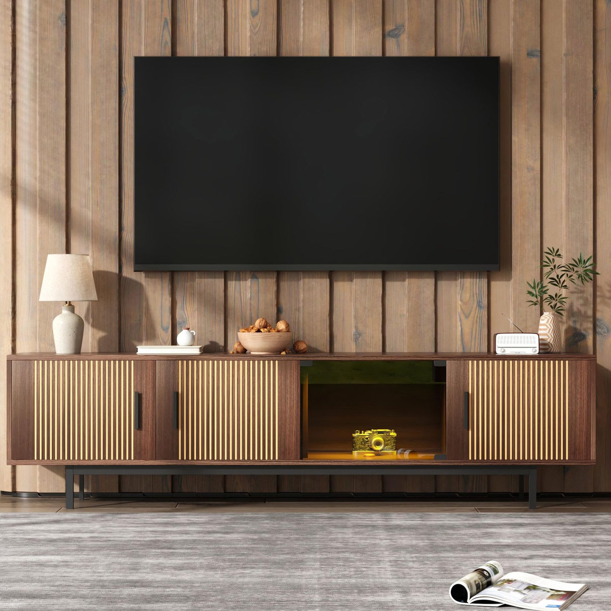 MERAX Meuble tv naturel 200 cm led mdf