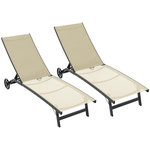 OUTSUNNY Lot de 2 bains de soleil transats inclinables - 2 roulettes - alu. textilène beige kaki