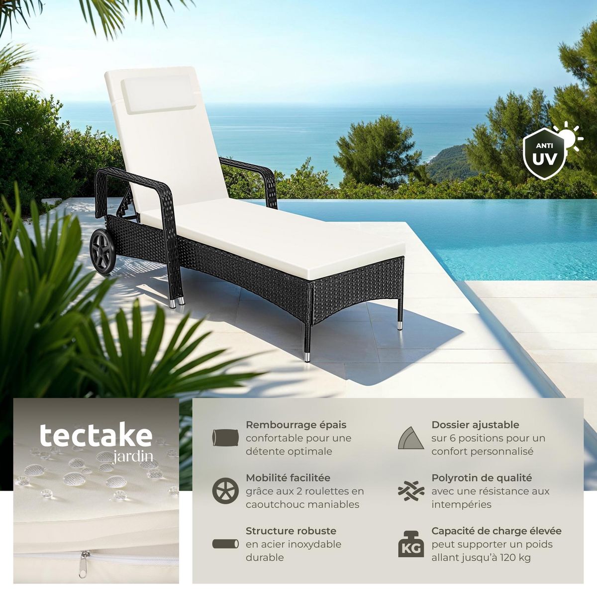 tectake Bain de soleil en rotin robuste et résistant aux UV noir/beige