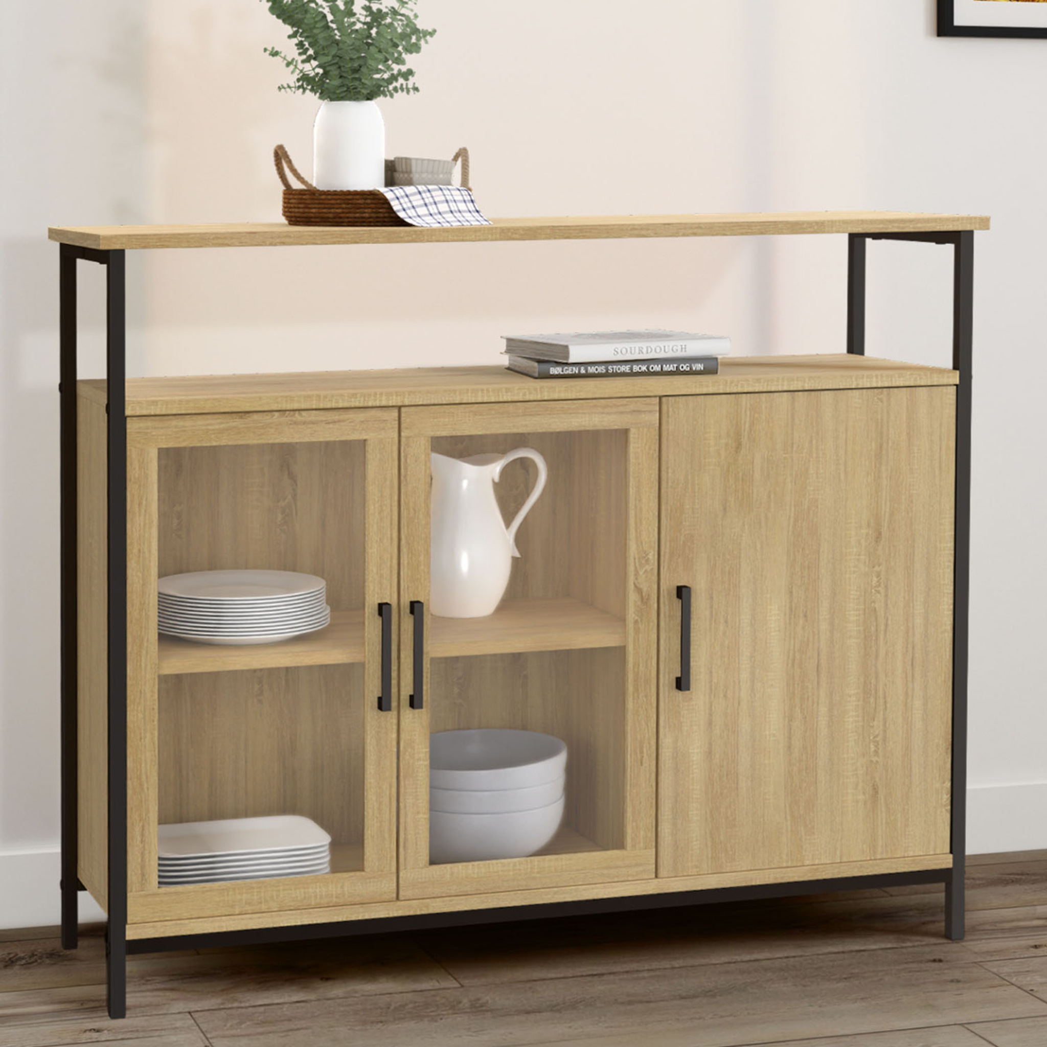 Voir la diapositive 2 : ID MARKET Buffet 100 cm DETROIT 2 portes vitrine avec placards design industriel