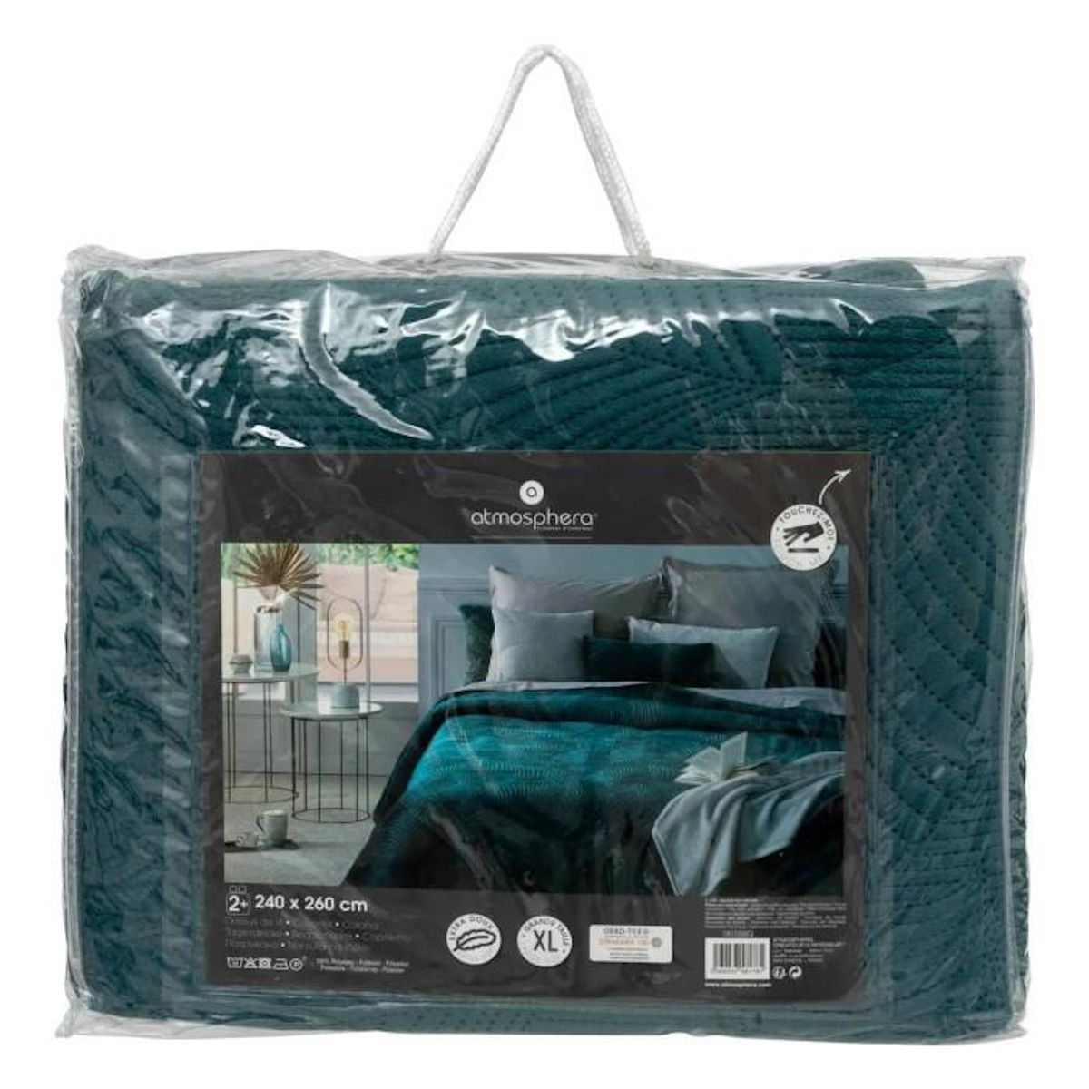 ATMOSPHERA Dessus de lit en polyester, effet velours, broderies feuilles - 260x240 cm - Bleu Canard