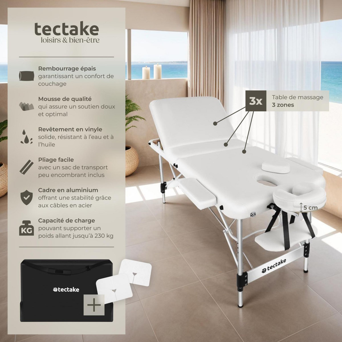 tectake Table 3 zones de massage largeur 70 cm et rembourrage 5 cm blanc
