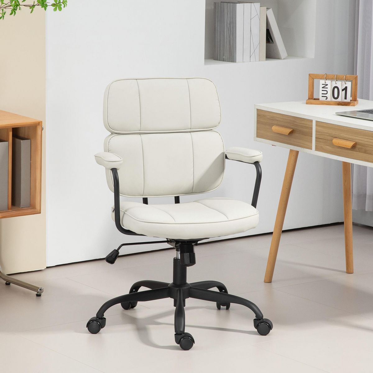 HOMCOM Chaise de bureau design néo-rétro - double dossier accoudoirs rembourrés - acier noir synthétique crème