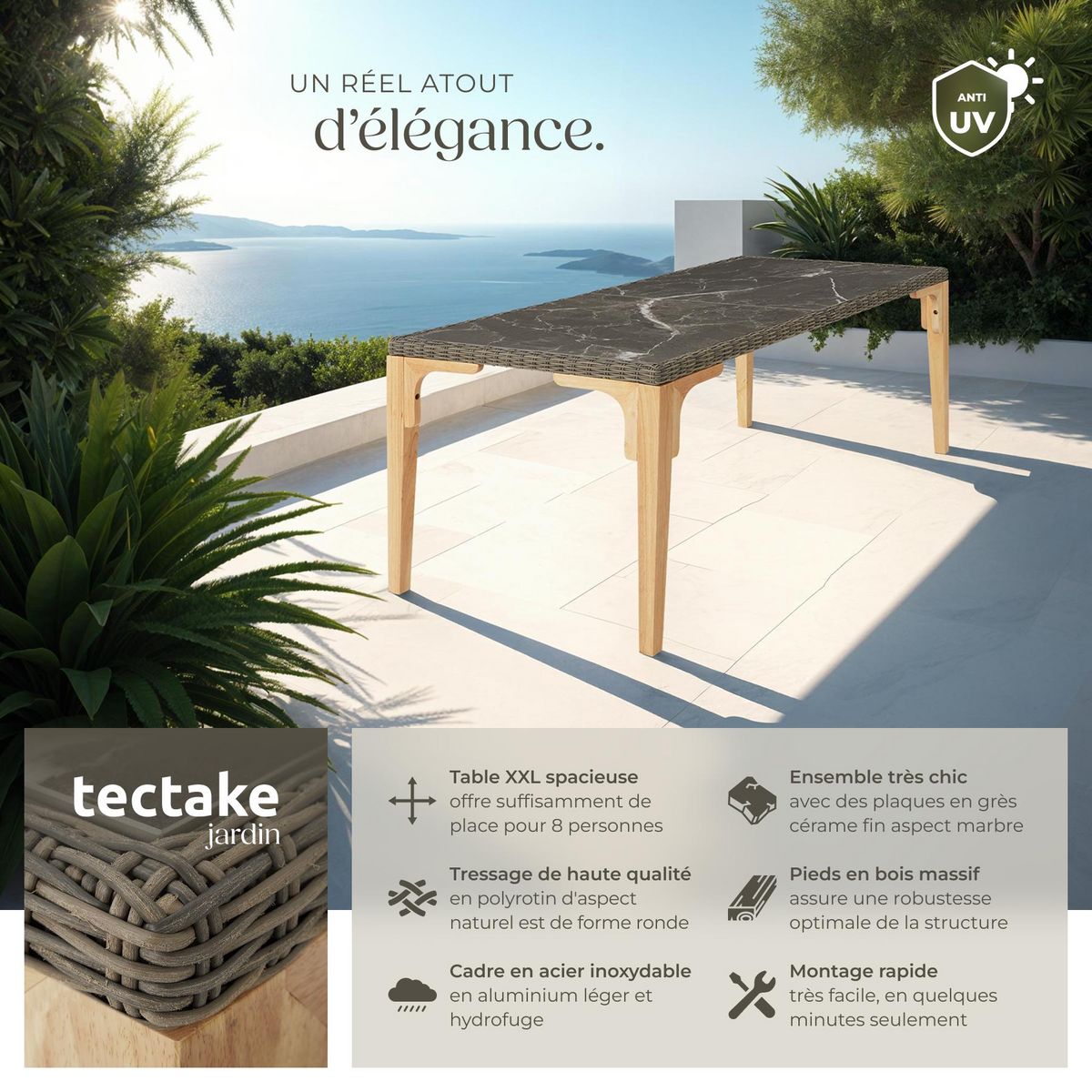 tectake Table en rotin avec cadre en aluminium et bois marron naturel