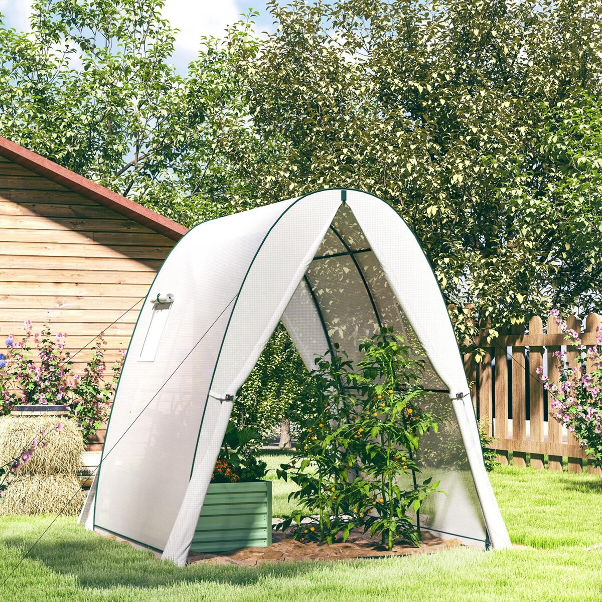 OUTSUNNY Serre tunnel de jardin 1,8 x 1,8 x 2 m - 2 portes enroulables zippées, 2 fenêtres - acier vert PE blanc