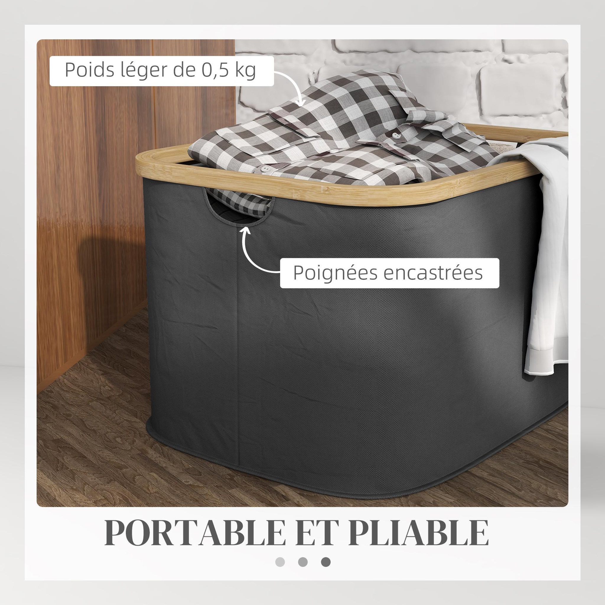 Voir la diapositive 5 : HOMCOM Panier à linge pliable 36l - corbeille à linge sale avec poignées - non tissé noir bambou