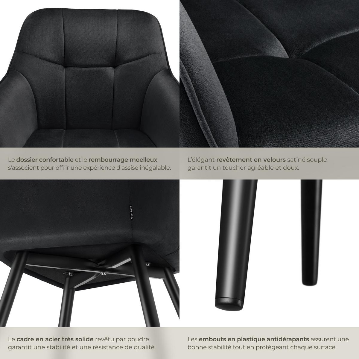 tectake Chaise de salle à manger rembourrée et en velours matelassé noir/noir Lot de 4