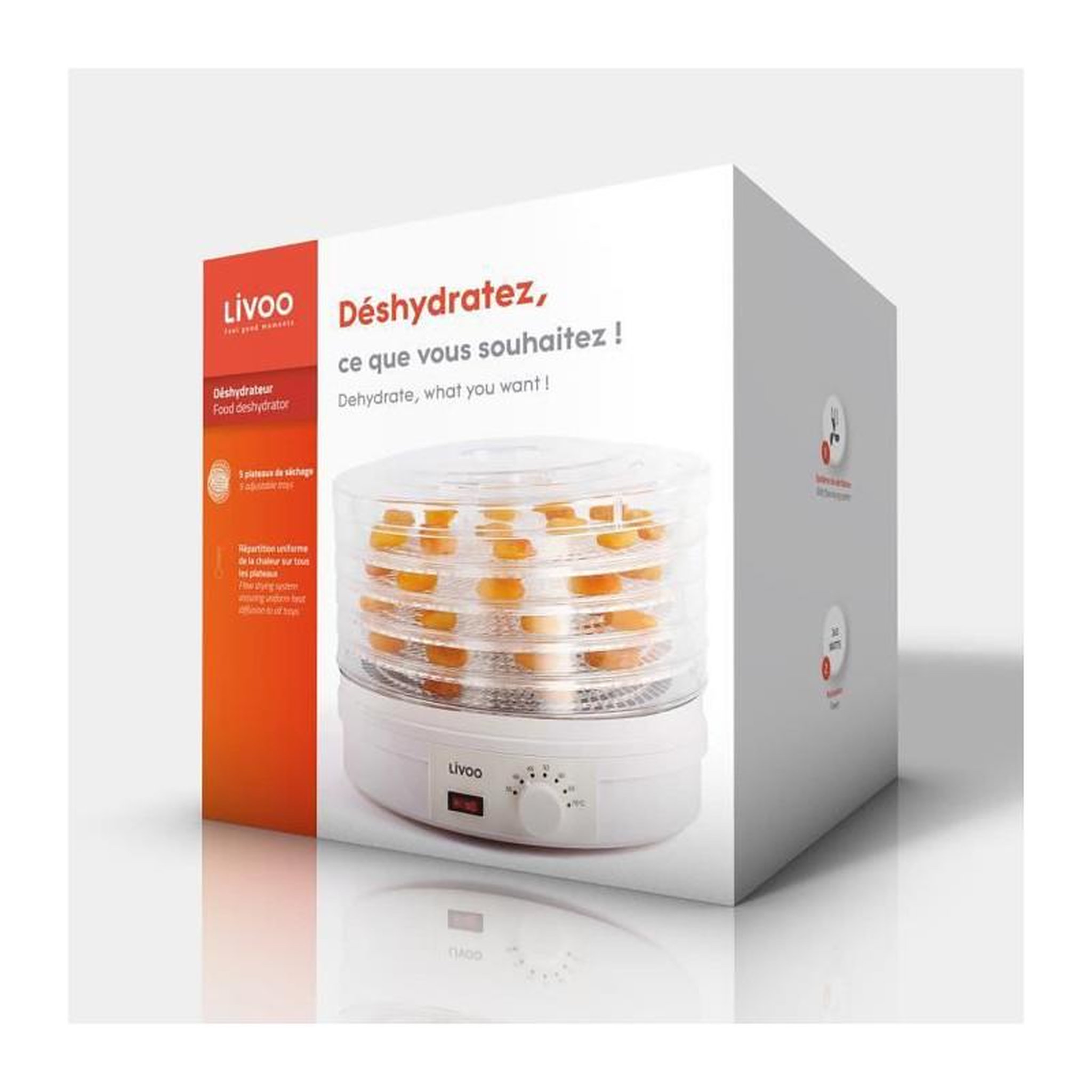 Voir la diapositive 4 : DOMOCLIP Déshydrateur fruits et légumes 5 plateaux 245w - dom202