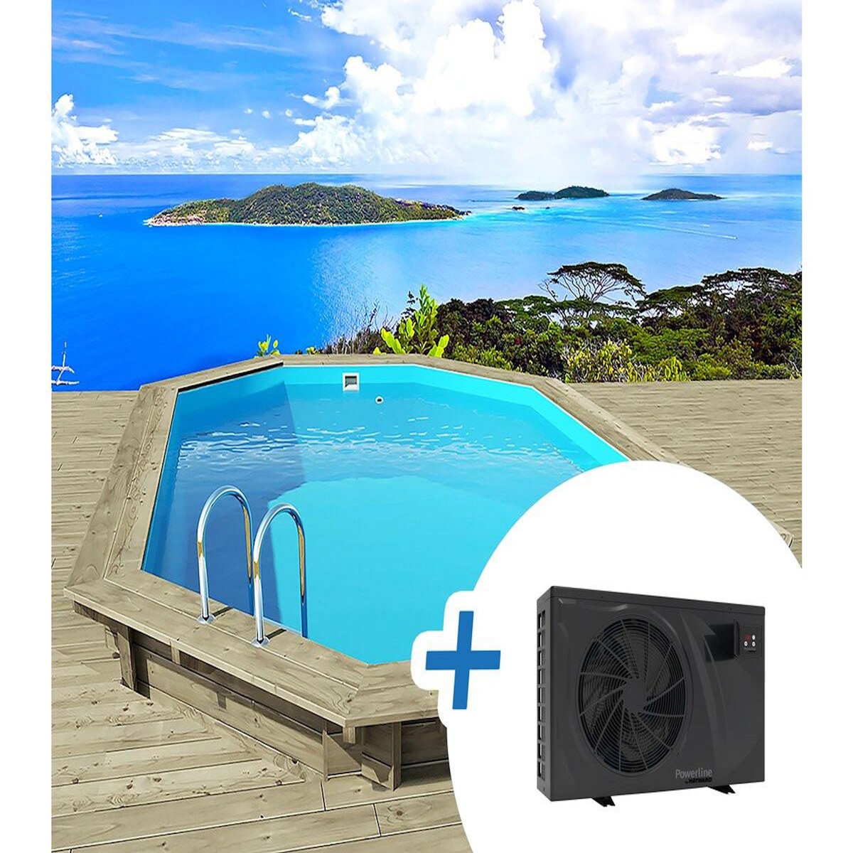 Habitat et Jardin Piscine bois   Palma 145   7.57 x 4.07 x 1.44 m + Pompe à chaleur pour piscine 6 kw/h inverter  PowerLine by Hayward  - Noir