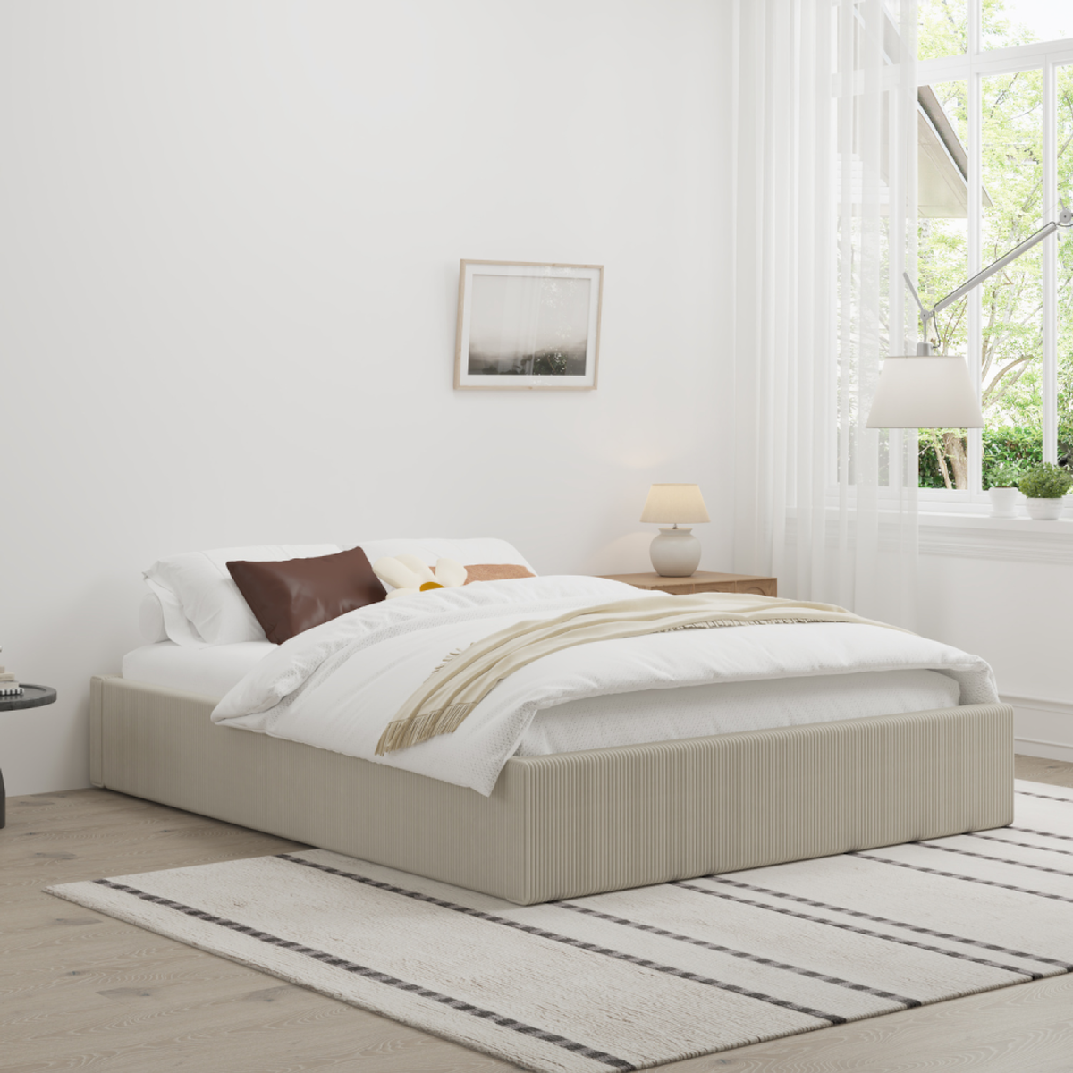 CONCEPT USINE Lit avec coffre de rangement 140x190cm velours côtelé beige AUSTIN