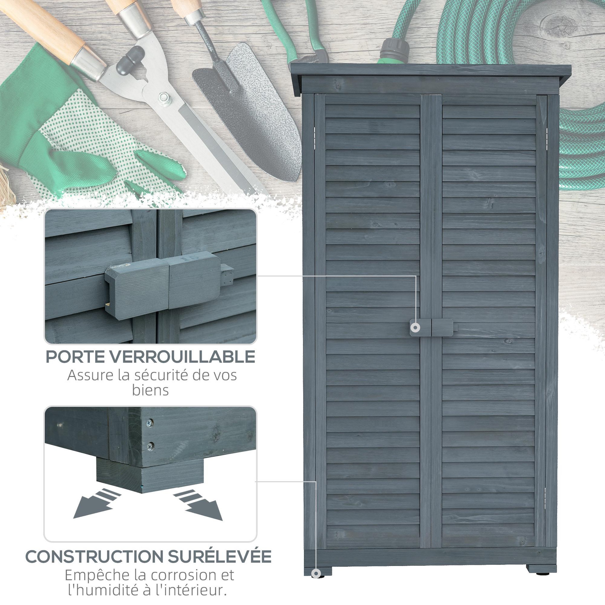 Voir la diapositive 5 : OUTSUNNY Armoire de jardin abri jardin remise pour outils sur pied 2 étagères portes persiennes toit bitumé étanche bois sapin pré-huilé gris