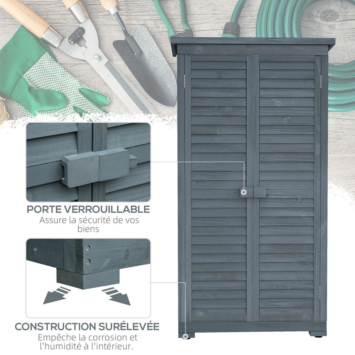 OUTSUNNY Armoire de jardin abri jardin remise pour outils sur pied 2 étagères portes persiennes toit bitumé étanche bois sapin pré-huilé gris