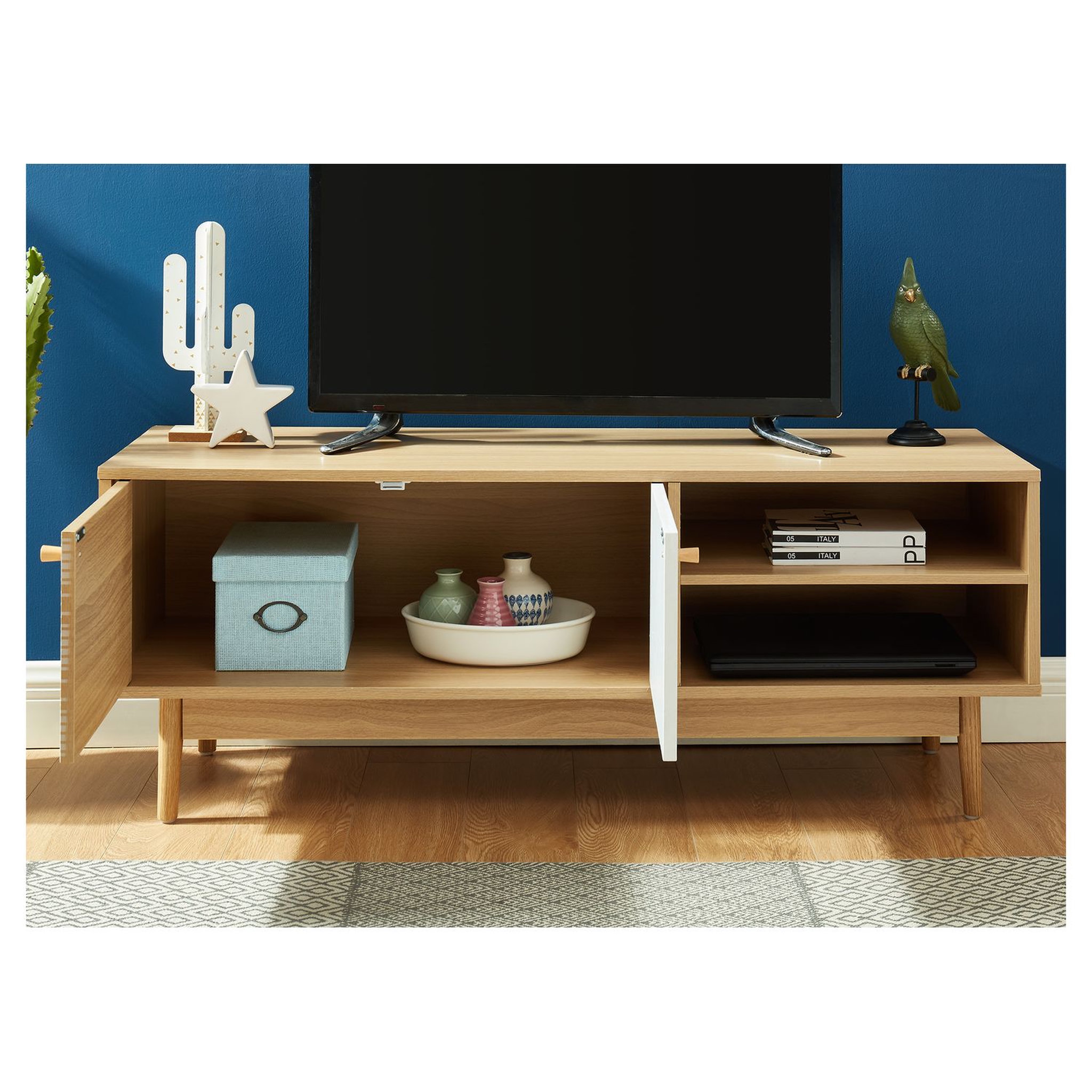 Voir la diapositive 4 : Meuble TV 2 portes 2 niches de rangement coloris blanc et chêne LUCAS