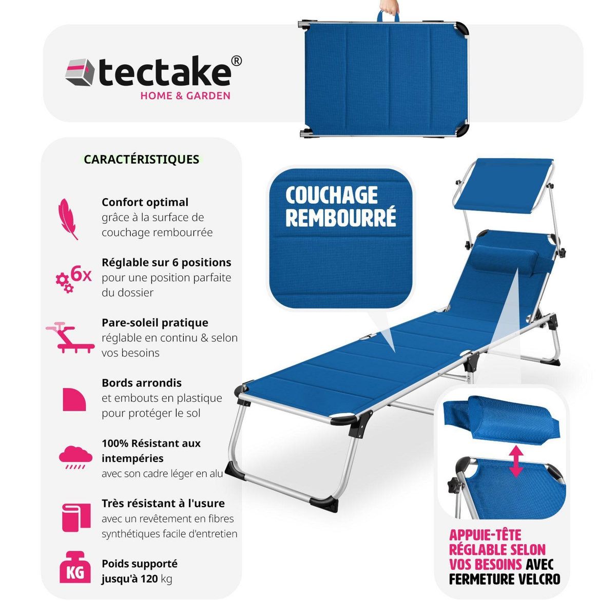 tectake Bain de soleil Transat Chaise longue Rembourrage épais, Pliable