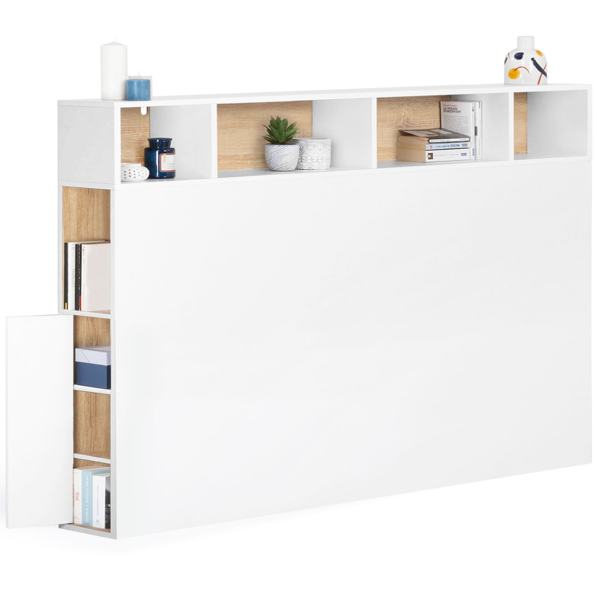 ID MARKET Tête de lit sur pied cleo 165 cm avec rangements fermés et niches blanc et façon hêtre