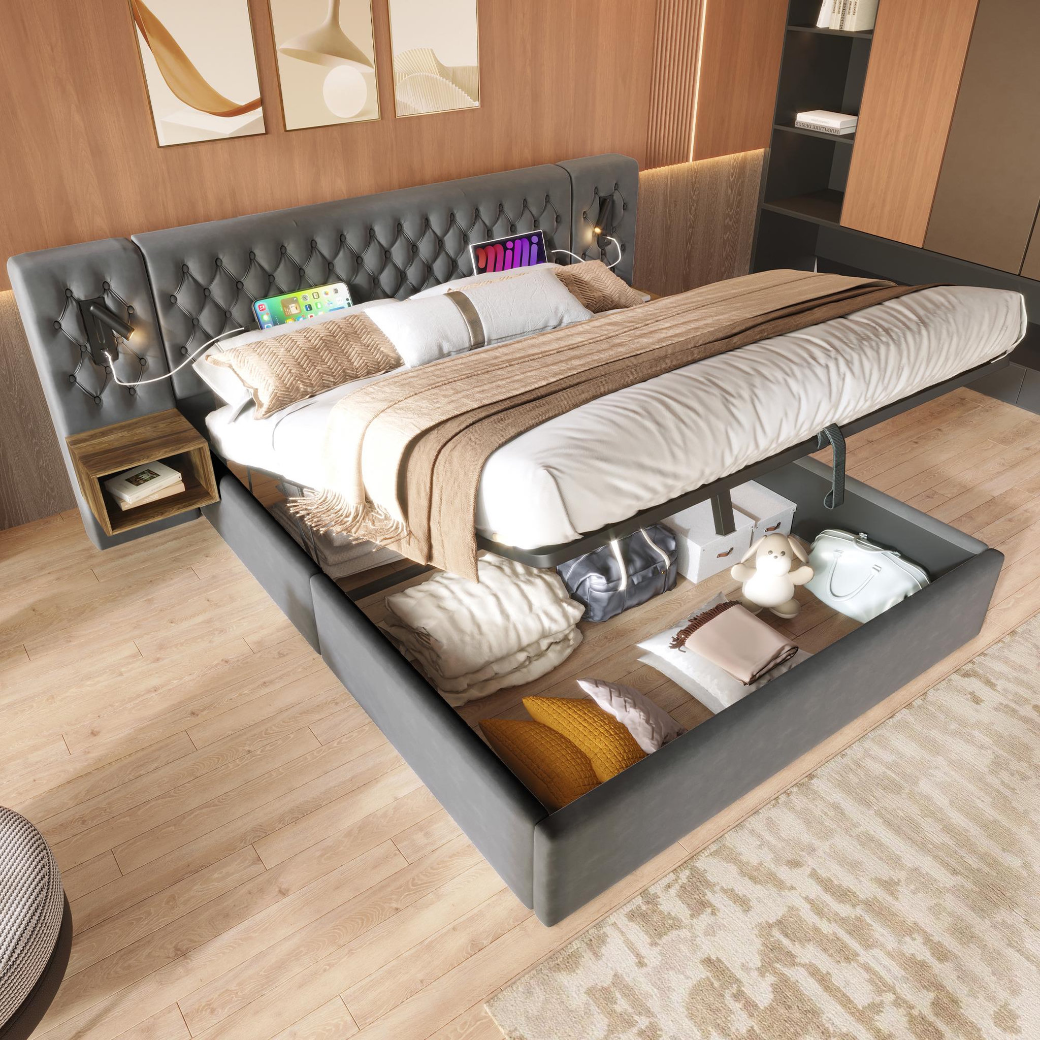 Voir la diapositive 2 : MERAX Lit coffre velours avec 2 chevets, liseuses led usb et tête de lit