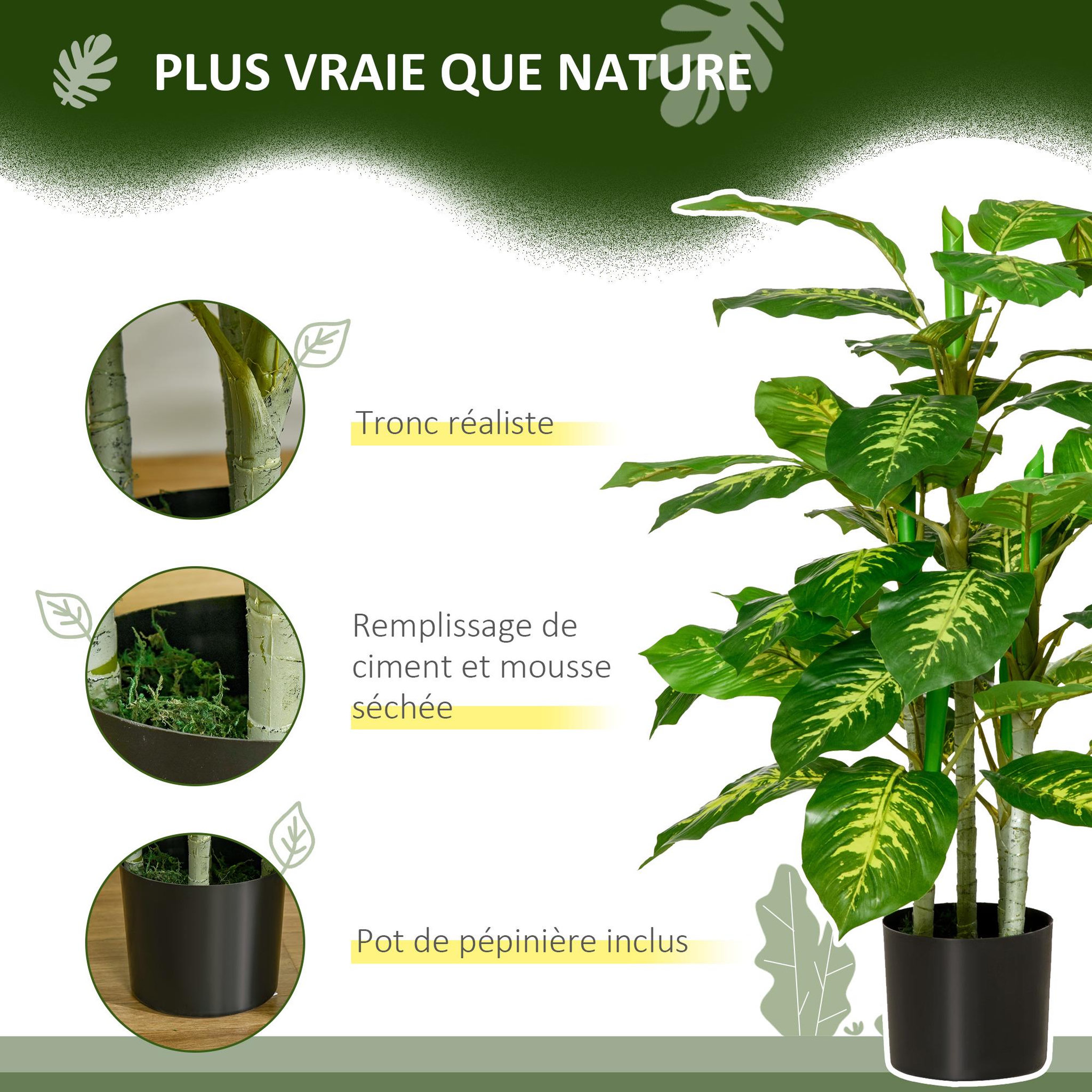 Voir la diapositive 5 : HOMCOM Arbre artificiel plante artificielle Calathea H. 95 cm tronc branches lichen feuilles grand réalisme pot inclus