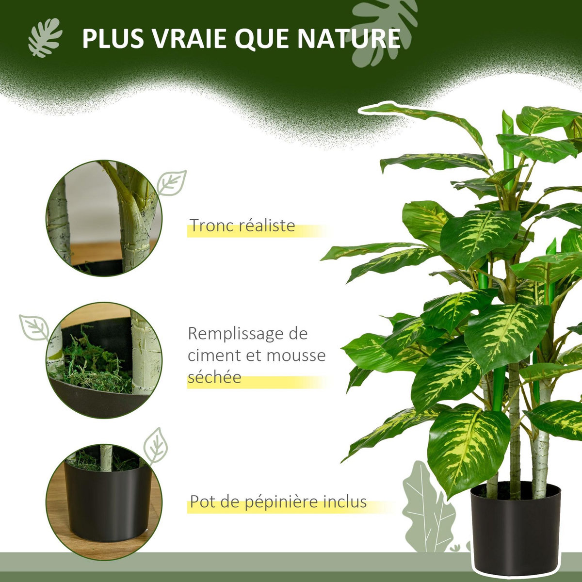 HOMCOM Arbre artificiel plante artificielle Calathea H. 95 cm tronc branches lichen feuilles grand réalisme pot inclus