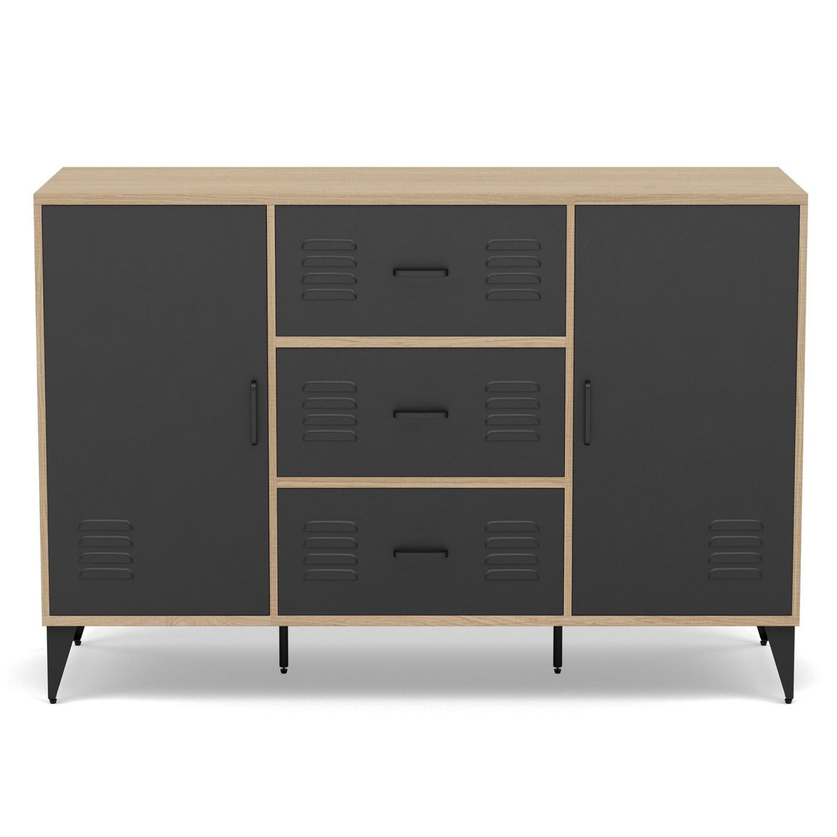 BEST MOBILIER Tribeca - buffet bas - effet bois et métal noir - 3 tiroirs et 2 portes - 140 cm