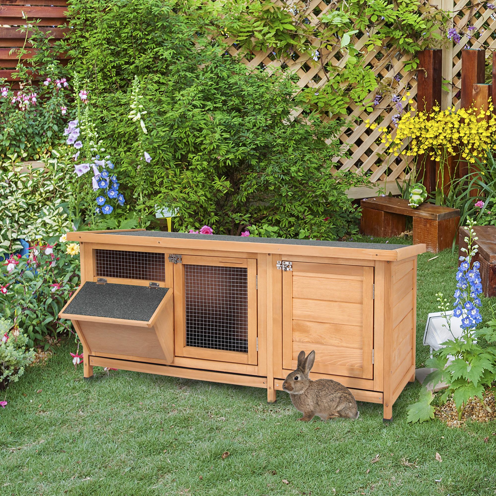 Voir la diapositive 2 : PAWHUT Clapier sur pieds - cage à lapin - 2 plateaux coulissants à excrément, 2 portes verrouillables, toit bitumé ouvrant, râtelier à foin - bois sapin pré-huilé