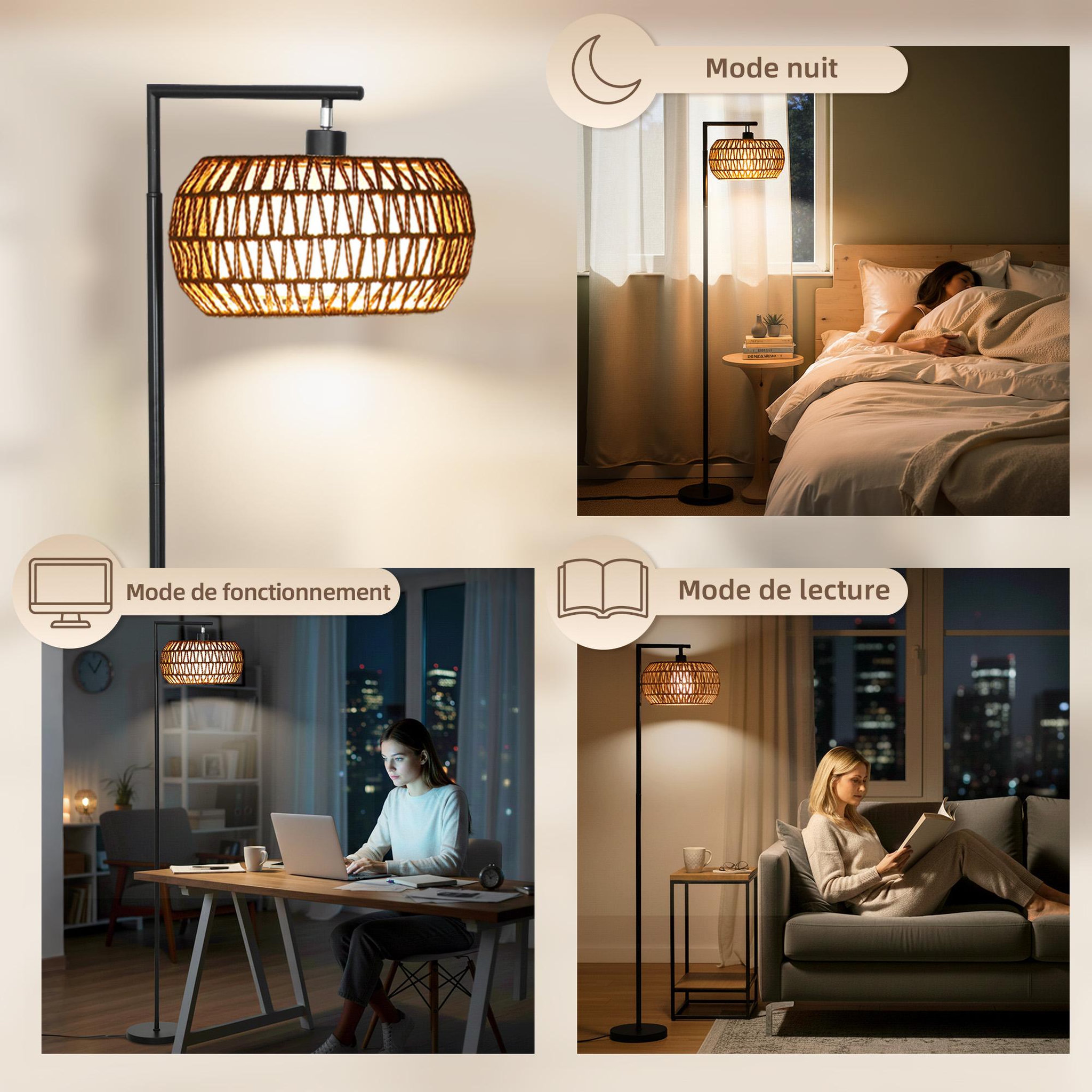 Voir la diapositive 6 : HOMCOM Lampadaire sur pied style bohème h.170cm métal noir abat-jour cloche tissu tressé