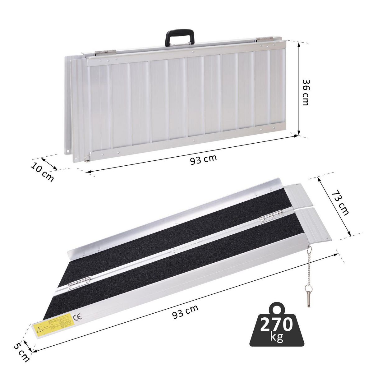 HOMCOM Rampe de fauteuil roulant rampe de chargement rampe d'accès antidérapante pliable avec bordures de sécurité max. 270 Kg dim. 93L x 76l x 5H cm alu. noir