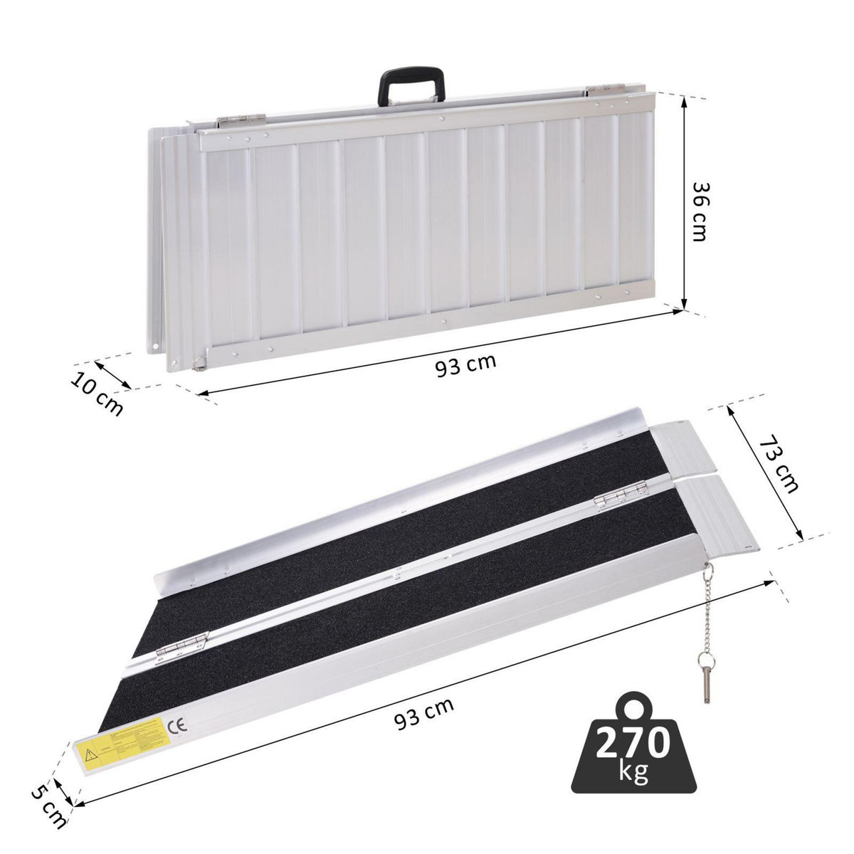 HOMCOM Rampe de fauteuil roulant rampe de chargement rampe d'accès antidérapante pliable avec bordures de sécurité max. 270 Kg dim. 93L x 76l x 5H cm alu. noir