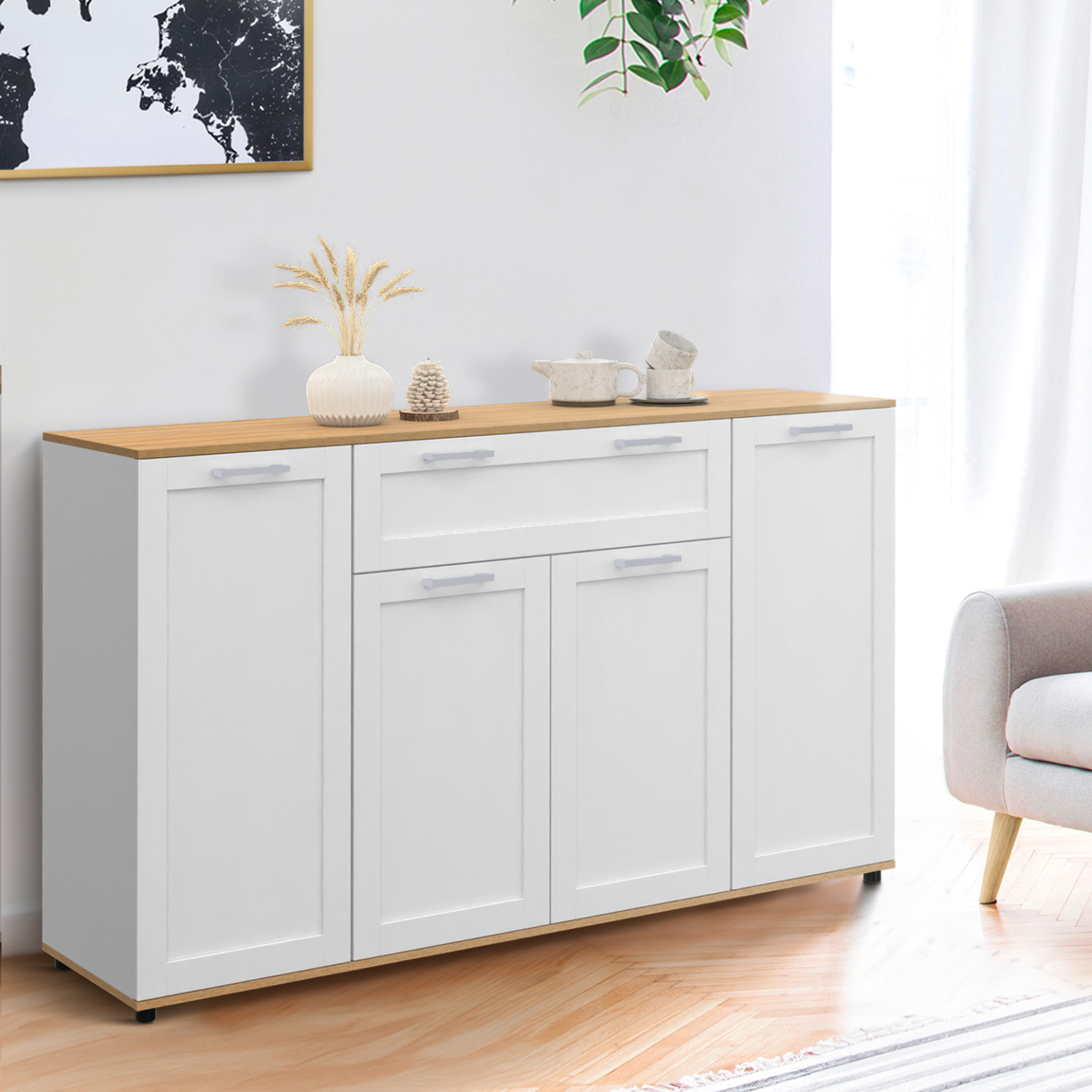 Voir la diapositive 2 : ID MARKET Buffet 140 cm vito 4 portes et 1 tiroir blanc et bois