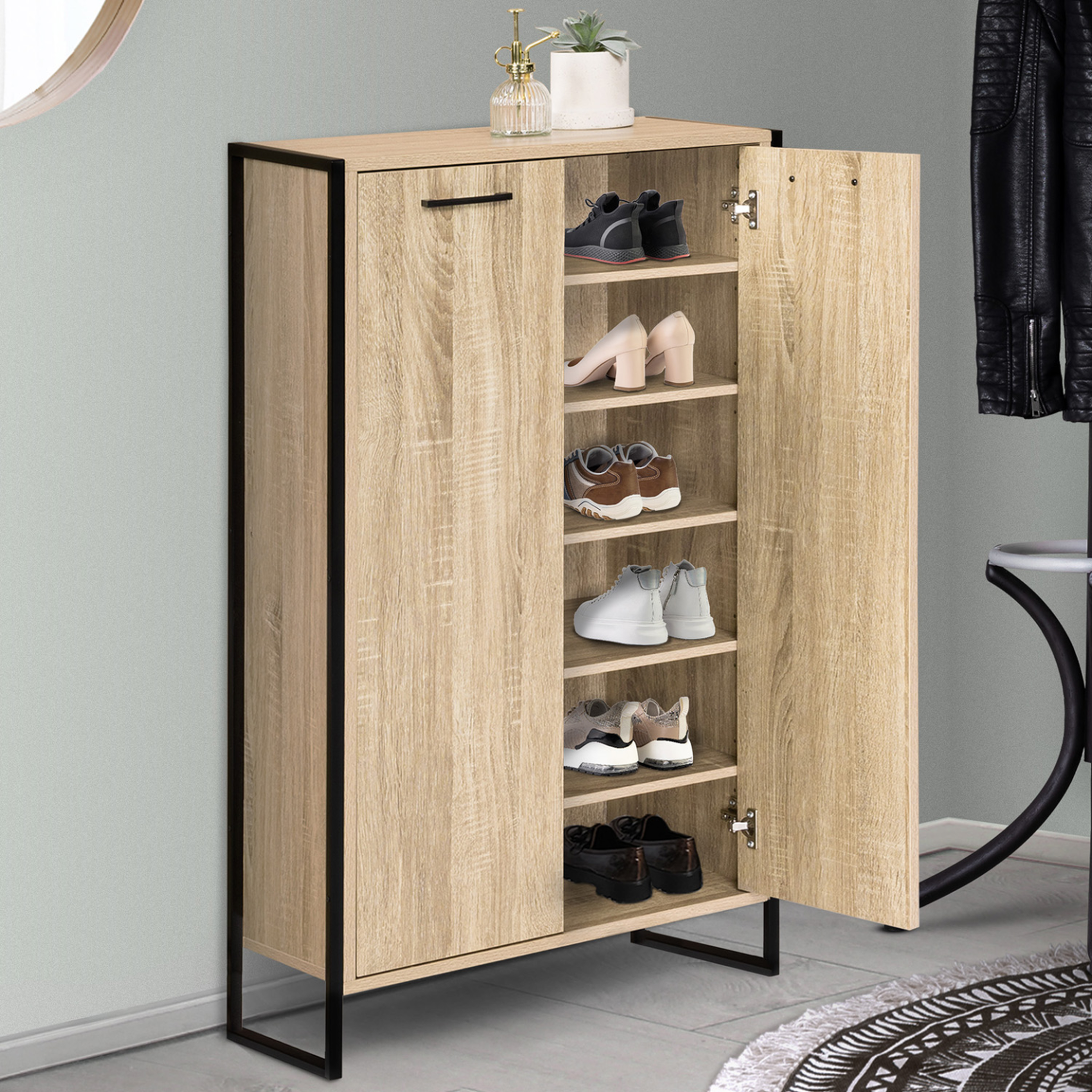 Voir la diapositive 2 : ID MARKET Armoire à chaussures 18 paires luis 2 portes design industriel