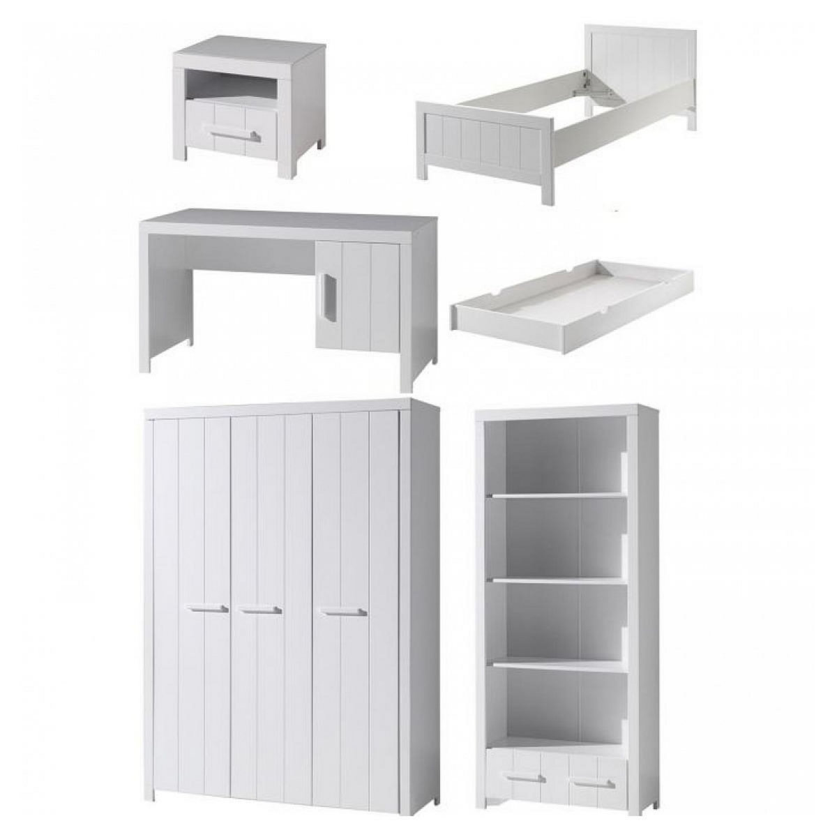 Vipack Ensemble de mobilier Vipack ERIK : Lit simple, Lit gigogne, Chevet, Bureau, Armoire 3 portes et Bibliothèque en bois laqué blanc