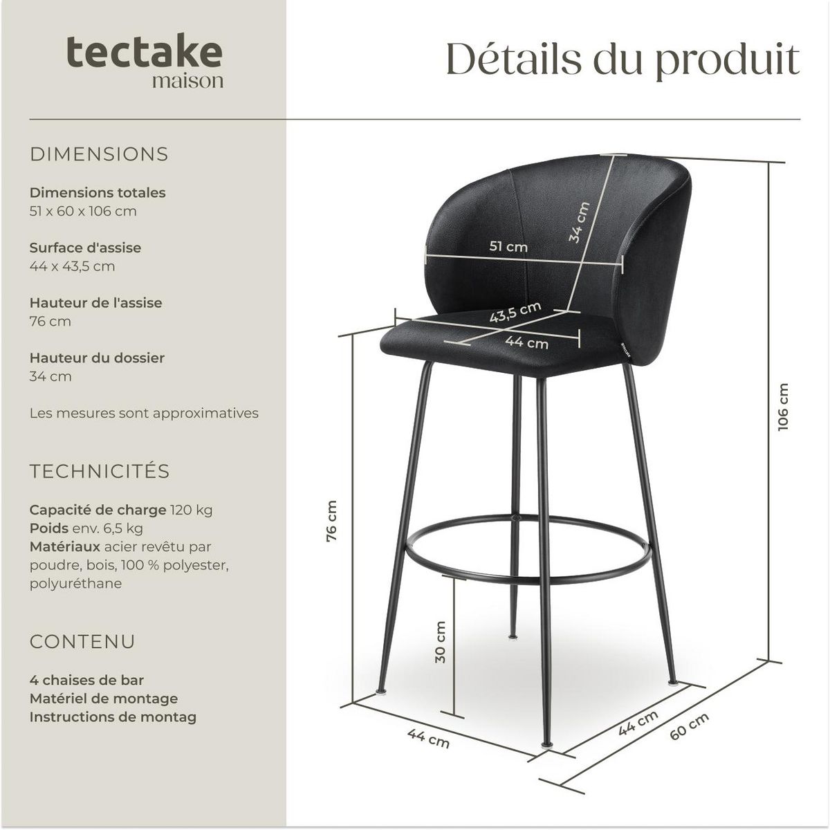 tectake Chaise de bar en velours rembourré noir/noir Ensemble de 4 pièces